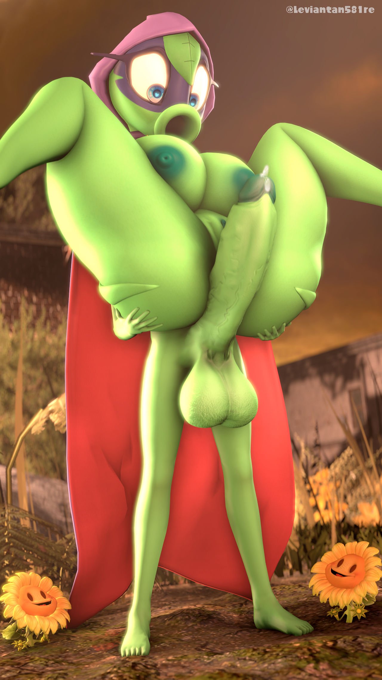 :>=, 1boy, 1girls, 3d, female, green shadow (pvz), leviantan581re, lifted, male, male/female, peashooter (pvz), plant girl, plantie, plants vs zombies