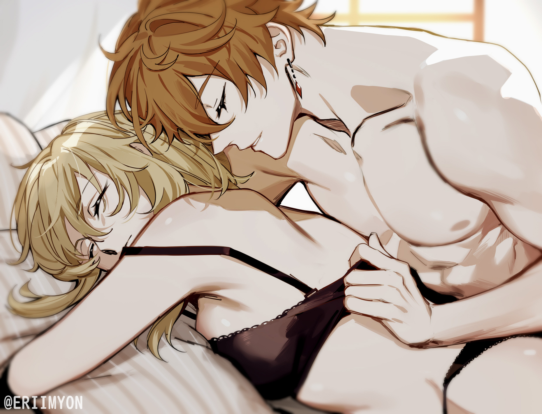 1boy, 1girls, black bra, blonde hair, bra, bra pull, childe (genshin impact), eriimyon, female, genshin impact, ginger, lingerie, lumine (genshin impact), male, sensual, straight, tagme, tartaglia (genshin impact), undressing