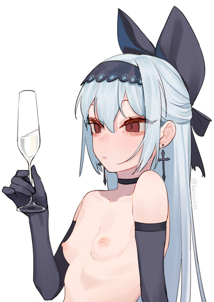 bangs, beijuu, black gloves, blue hair, bow, breasts, choker, cross earrings, earrings, elbow gloves, female, girls' frontline, gloves, hairband, hairbow, jewelry, labyrinth of the dark, long hair, nipples, red eyes, simple background, small breasts, solo, tokarev (girls' frontline), tokarev (griffin's dancer) (girls' frontline), white background