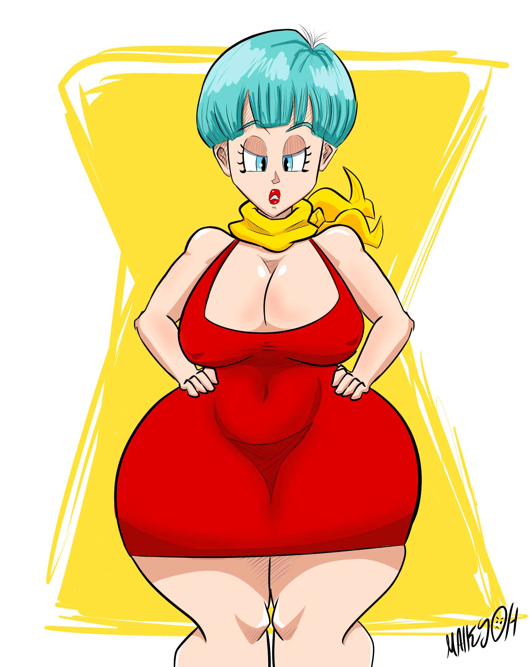 1girls, angry, angry expression, angry eyes, angry face, aqua eyes, aqua hair, artist name, artist signature, belly button, belly button visible through clothing, big boobs, big breasts, big lips, blue eyes, blue hair, blue-eyed female, blue-haired female, boobs, breasts, bulma briefs, cleavage, clothing, curvaceous, curvy, curvy figure, cyan eyes, cyan hair, dragon ball, dragon ball z, dress, erect nipples, eyelashes, female, female focus, female only, hair, hands on hips, hips, light skin, light-skinned female, lipstick, maikyoh, mature, mature female, milf, mother, nipples, nipples visible through clothing, plump, red dress, red lips, red lipstick, scarf, short hair, solo, solo female, thick lips, thick thighs, thighs, voluptuous, white background, wide hips, wife, yellow background, yellow scarf