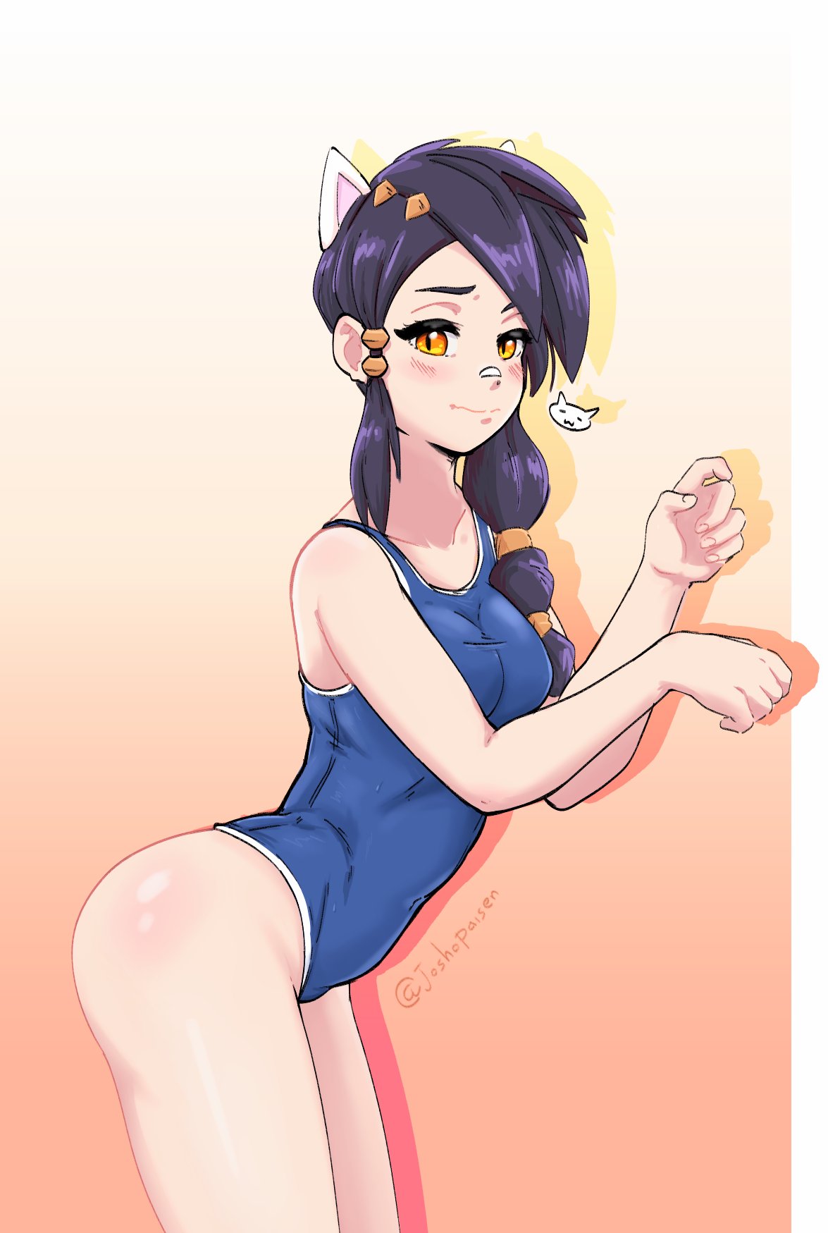 ass, black hair, blush, cat ears, cat girl, catgirl, erisa (fortnite), female, fortnite, josho (artist), pose, posing, swimsuit
