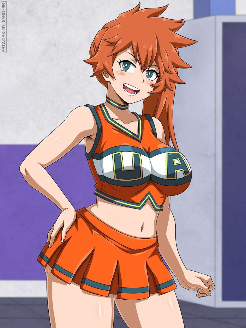 1girls, artist name, belly, breasts, cheerleader, clothed, cropped legs, female, female only, hand on hip, itsuka kendou, kendou itsuka, large breasts, looking at viewer, midriff, my hero academia, orange hair, orange-haired female, sano-br, side ponytail, skirt, solo, thick thighs, thighs
