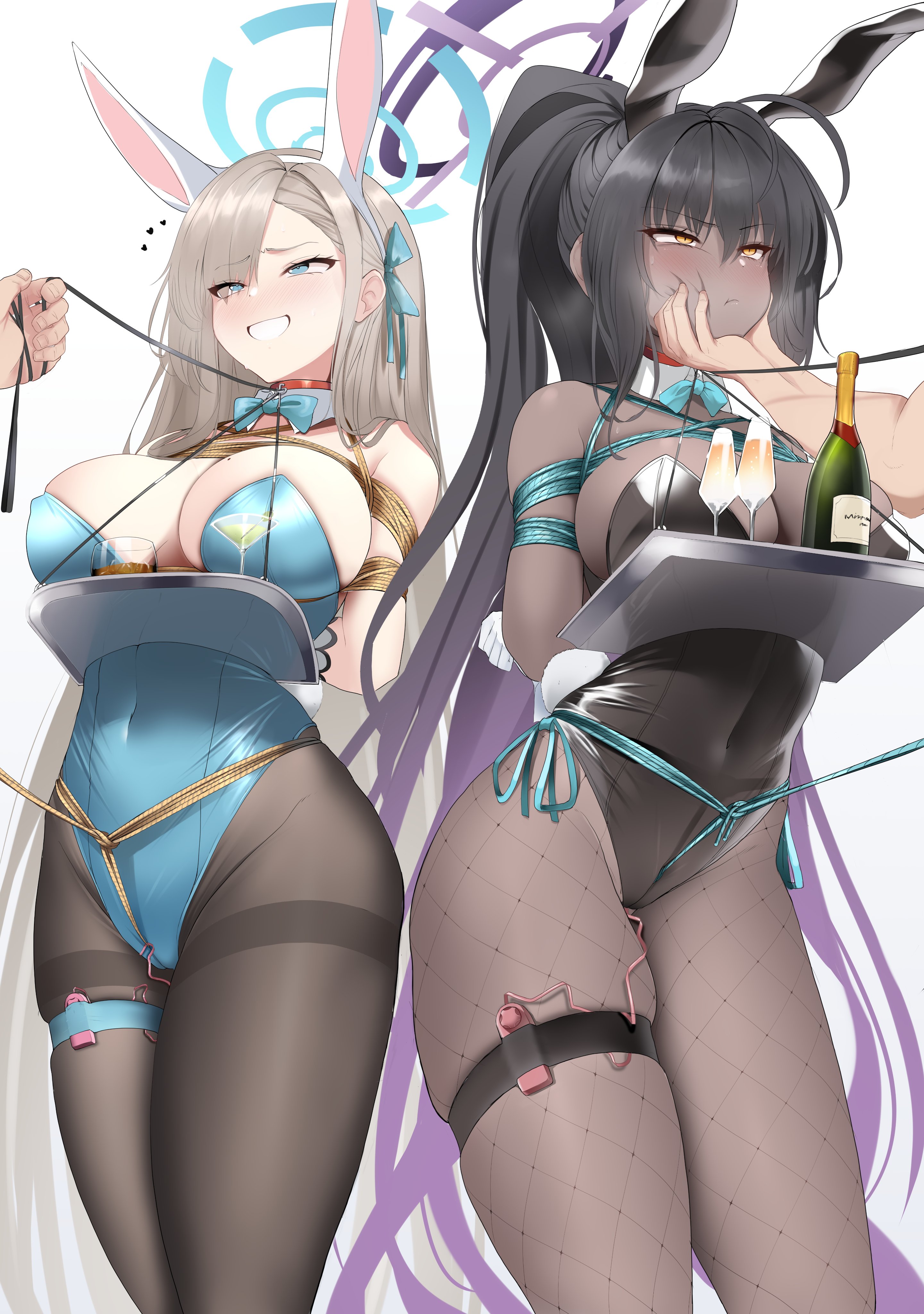2022, 2boys, 2girls, alcohol, arms behind back, asuna (blue archive), asuna (bunny) (blue archive), bagelbomb, black hair, black leotard, blonde hair, blue archive, blue eyes, blue leotard, blush, bondage, breasts, brown skin, bunny ears, bunny girl, bunnysuit, chocolate and vanilla, collar, dark skin, dark-skinned female, disembodied hand, face grab, female, femsub, fishnets, hair over one eye, halo, happy sub, hi res, highleg leotard, hips, huge breasts, karin (blue archive), karin (bunny) (blue archive), leash, leash and collar, leash pull, leotard, light skin, light-skinned female, long hair, male, naughty face, restrained, rope bondage, serving tray, sex toy, slim waist, suggestive look, thick thighs, thighs, tied up, tights, very long hair, vibrator, wide hips, yellow eyes