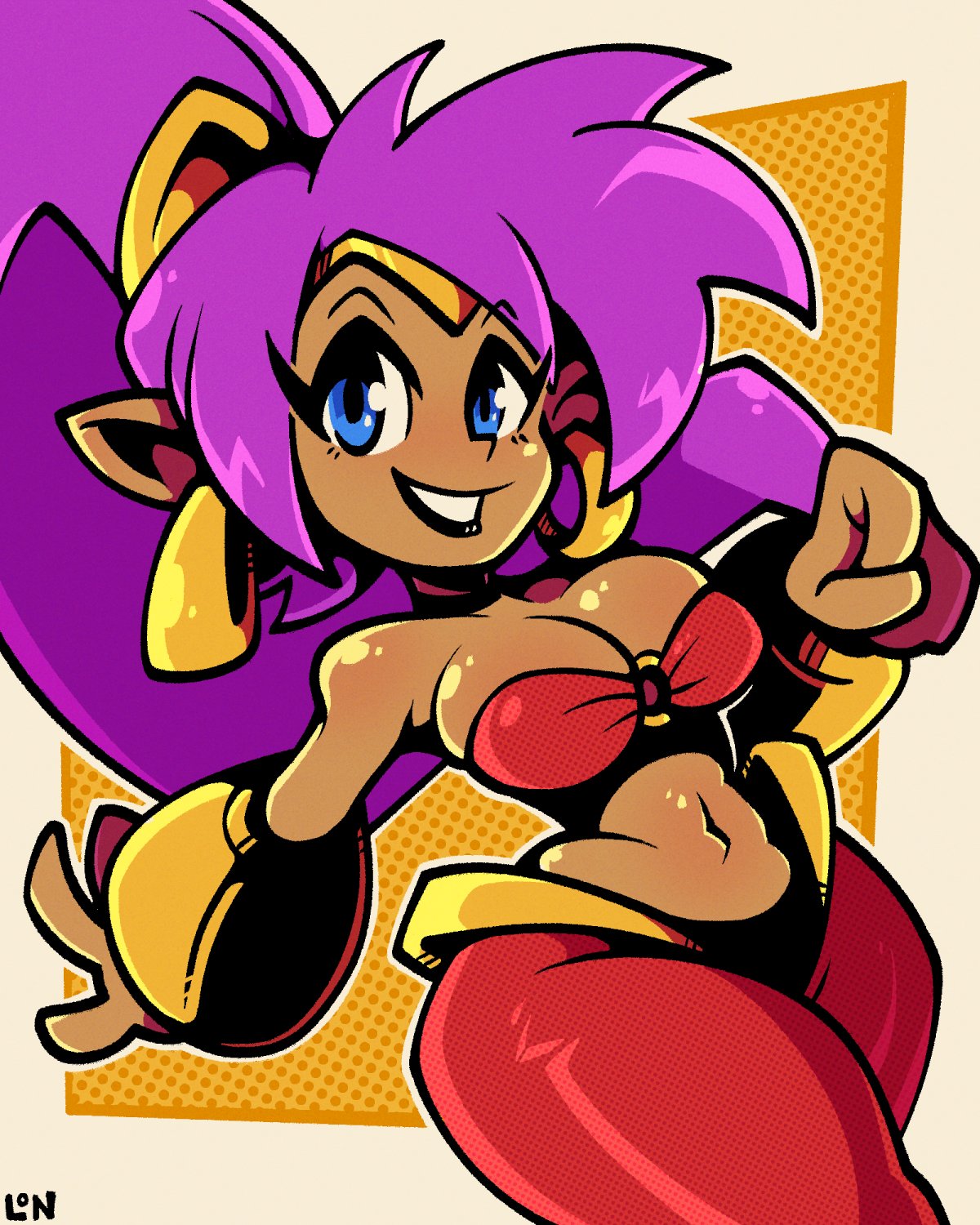 1girls big_breasts big_hair black_lipstick breasts cleavage dark-skinned_female dark_skin female female_focus female_only legendofnerd lipstick midriff purple_hair shantae shantae_(character) smooth_skin solo thick_thighs thighs wayforward wide_hips