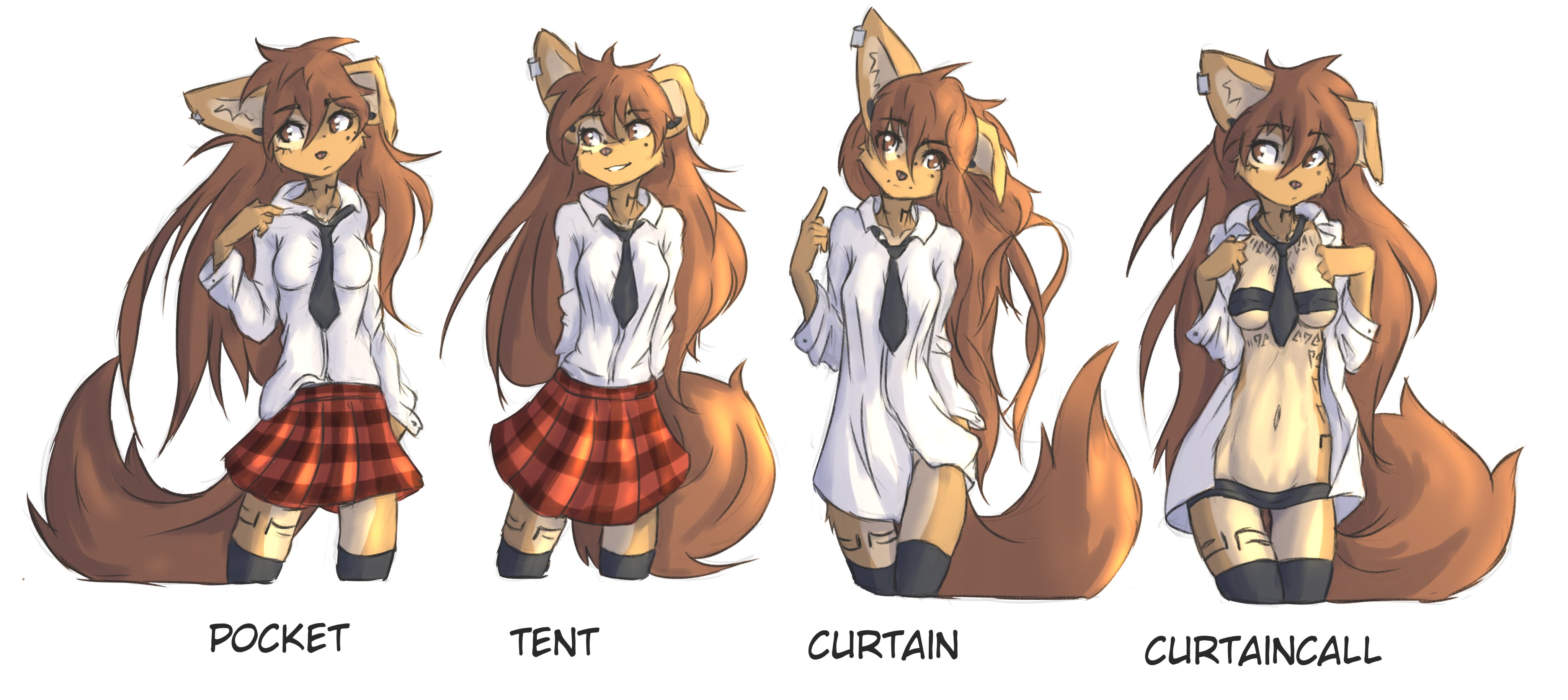 almost naked, apogee (tinygaypirate), black tie, curtain call challenge, different poses, female, female only, furry, furry only, looking to the side, multiple poses, no visible nipples, sequence, skirt, tie, tinygaypirate, white shirt