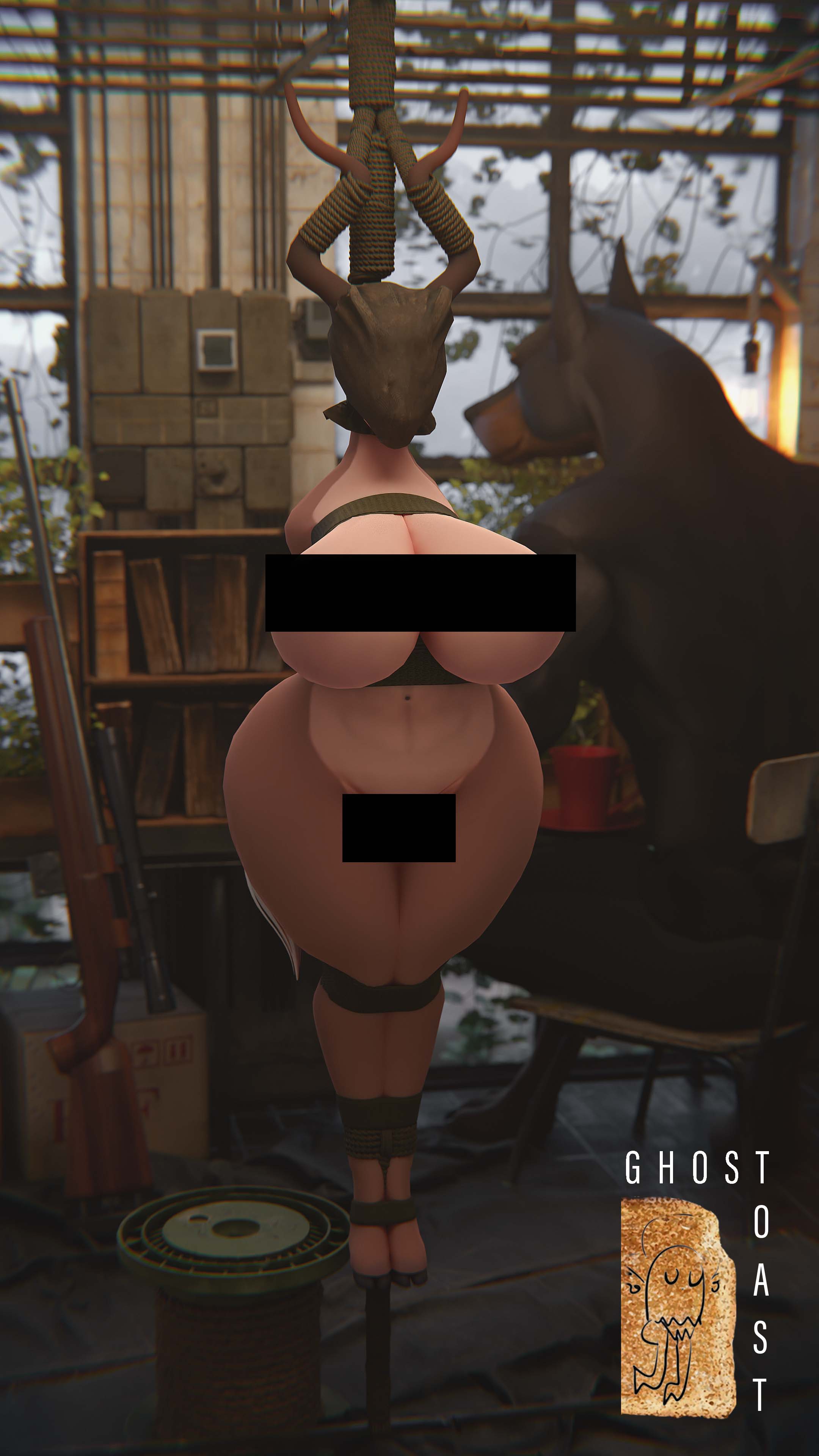 16:9 absurd_res antelope anthro areola arms_tied asphyxiation bag_over_head ball_gag big_breasts black_bottomwear black_clothing black_pants blindfold bondage bottomwear bound bovid breasts canid canine canis captured censor_bar censored censored_breasts censored_pussy cervid clothed clothed/nude clothing dobermann domestic_dog dominant dominant_male female gag gagged genitals ghostoast gloves_(marking) gun hands_behind_back hi_res horn legs_tied male male/female mammal markings montgomery_glands multicolored_body nipples noose nude pants pink_areola pink_ball_gag pinscher pussy ranged_weapon rifle shirt submissive submissive_female topwear two_tone_body unconscious unguligrade_anthro unguligrade_feet weapon wide_hips widescreen