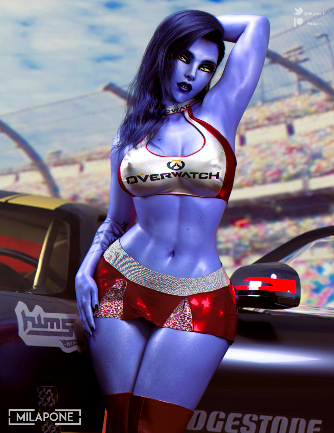 3d, abs, blizzard entertainment, boob window, breasts, car, female, hard nipples, milapone, overwatch, purple hair, purple skin, race queen, skirt, stadium, thick thighs, widowmaker
