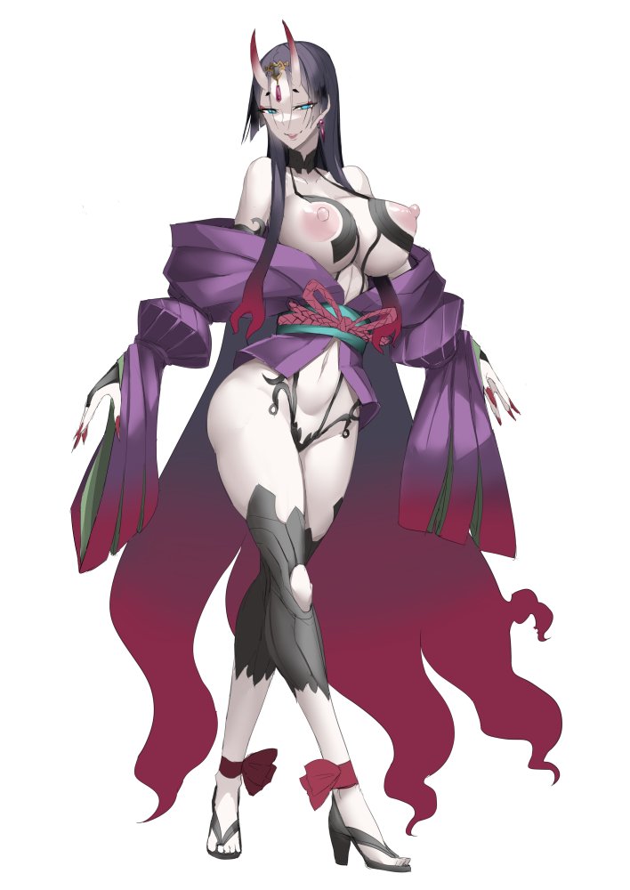1girls, 2022, alternate eye color, areolae, breasts, demon, demon girl, erect nipples, fate (series), fate/grand order, female, female only, heels, high heels, hips, horns, huge breasts, ky., large areolae, light skin, light-skinned female, long hair, long legs, minamoto no raikou (fate/grand order), nipples, oni, oni horns, open kimono, pale skin, pale-skinned female, purple hair, shuten douji (fate) (cosplay), slim waist, thick thighs, thighs, wide hips