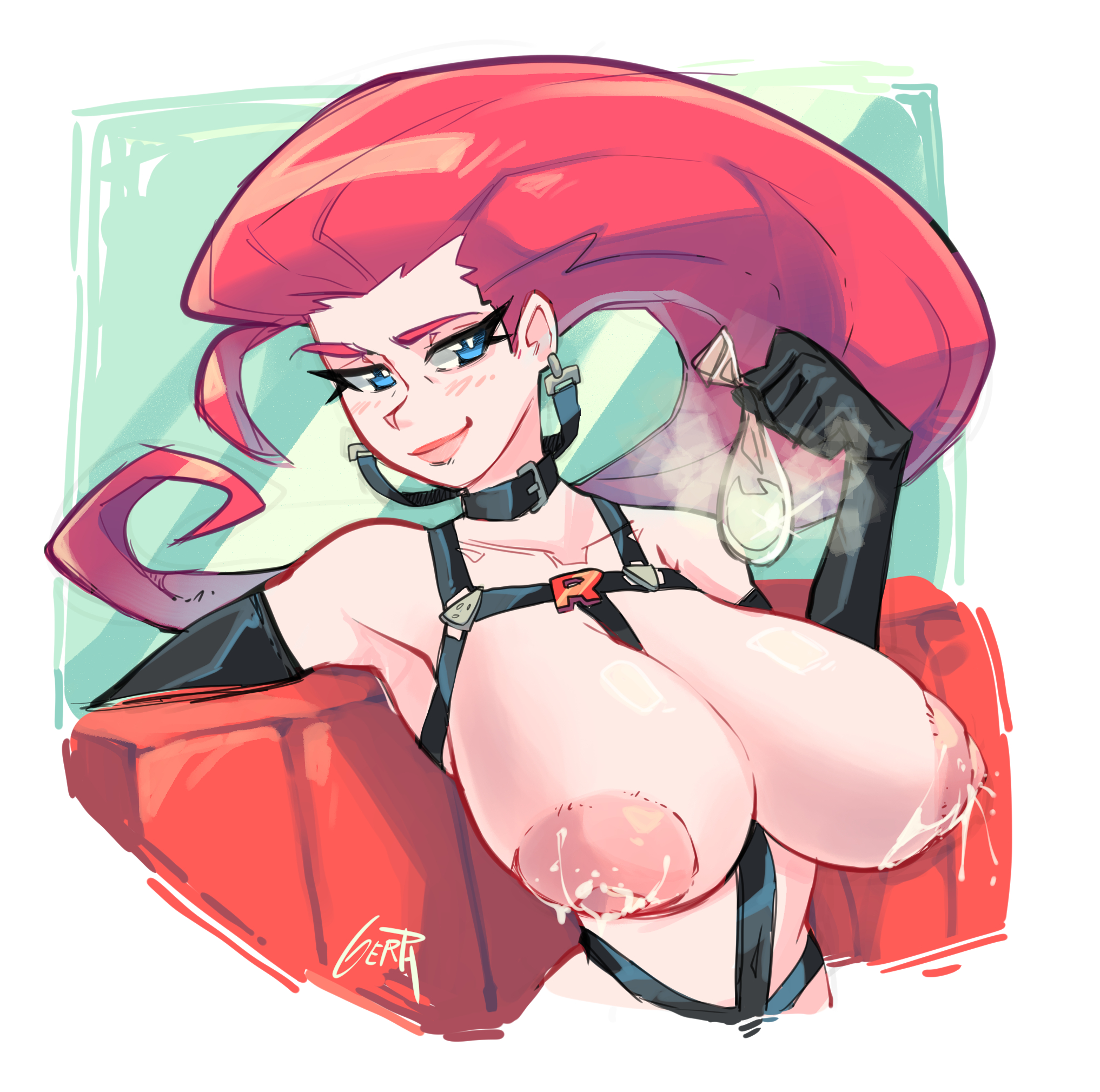 1girls, alternate breast size, big breasts, bondage gear, breasts, condom, female, filled condom, gerph, jessie (pokemon), lactation, lactation without expressing, large breasts, pokemon