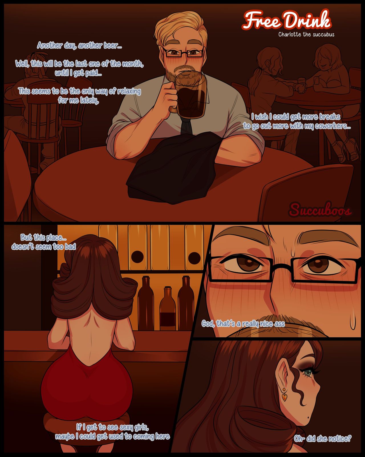 alcohol blowjob blue_eyes brown_hair bubble_ass bubble_butt charlotte_(succuboos) comic earrings licking_lips lipstick love noticing red_dress short_comic sperm succuboos voluptuous webtoon