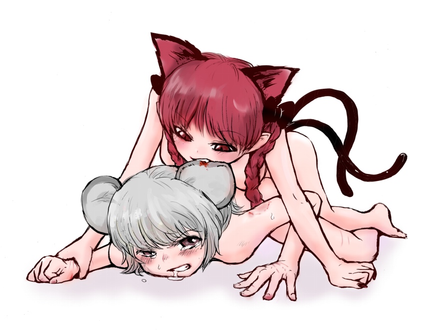 animal_ears bite_mark biting blood braid cat_ears catgirl dokuromaru ear_biting feline female grey_hair injury mouse_ears mousegirl multi_tail multiple_girls nazrin nude on_stomach pink_eyes pink_hair rape rin_kaenbyou tail touhou yuri