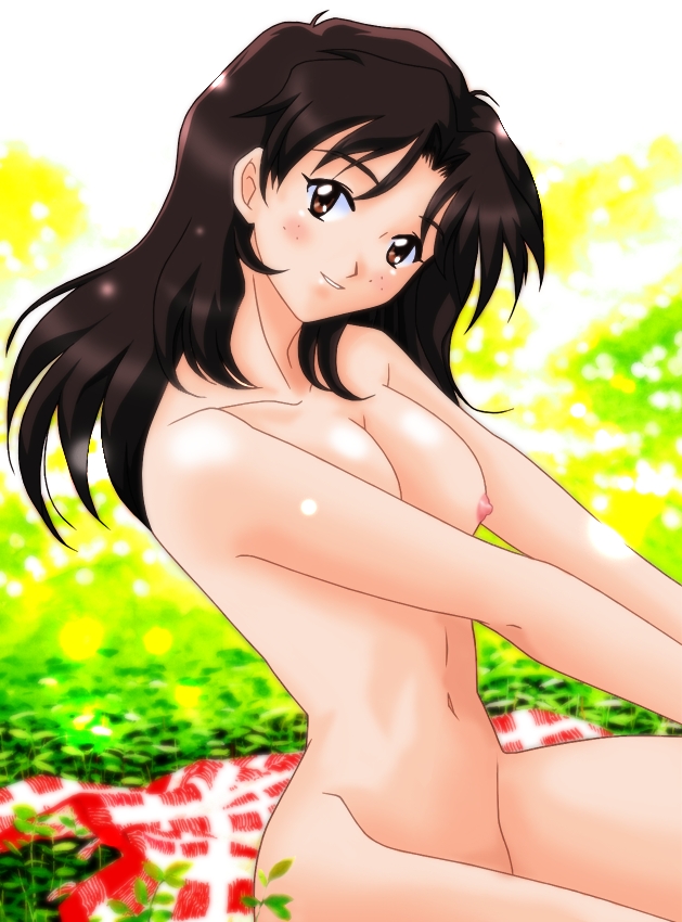 1girls blush breasts brown_eyes brown_hair female gainax hair hikari_horaki human large_breasts light-skinned_female light_skin long_hair looking_at_viewer neon_genesis_evangelion nipples nude posing short_hair smile solo wide_hips