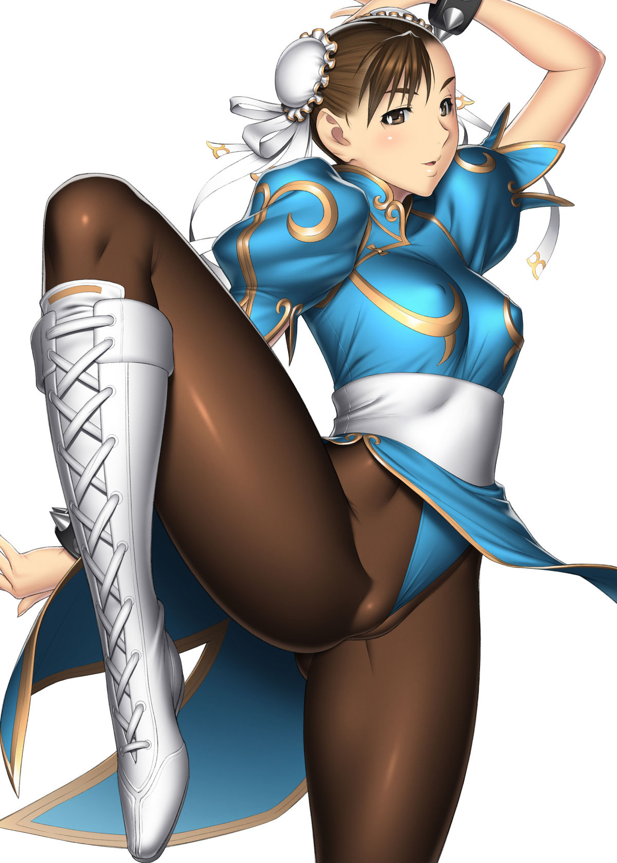 ass blush boots breasts brown_eyes brown_hair cameltoe china_dress chinadress chinese_clothes chun-li dress erect_nipples highres kansuke pantyhose smile spread_legs straight_hair street_fighter thighs wedgie