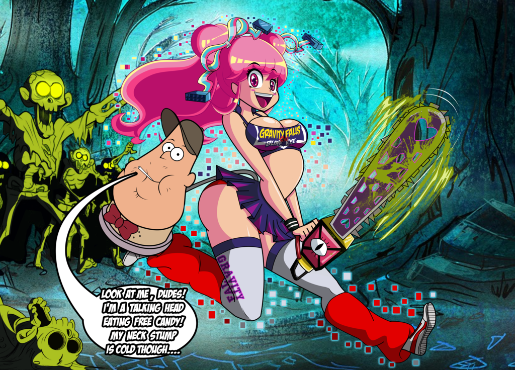 big_breasts breasts chainsaw cheerleader cleavage cosplay crossover disney disney_channel female giffany gravity_falls grimphantom halloween human juliet_starling lollipop_chainsaw male pink_eyes pink_hair smooth_skin soos_ramirez thighhighs tongue weapon zombie