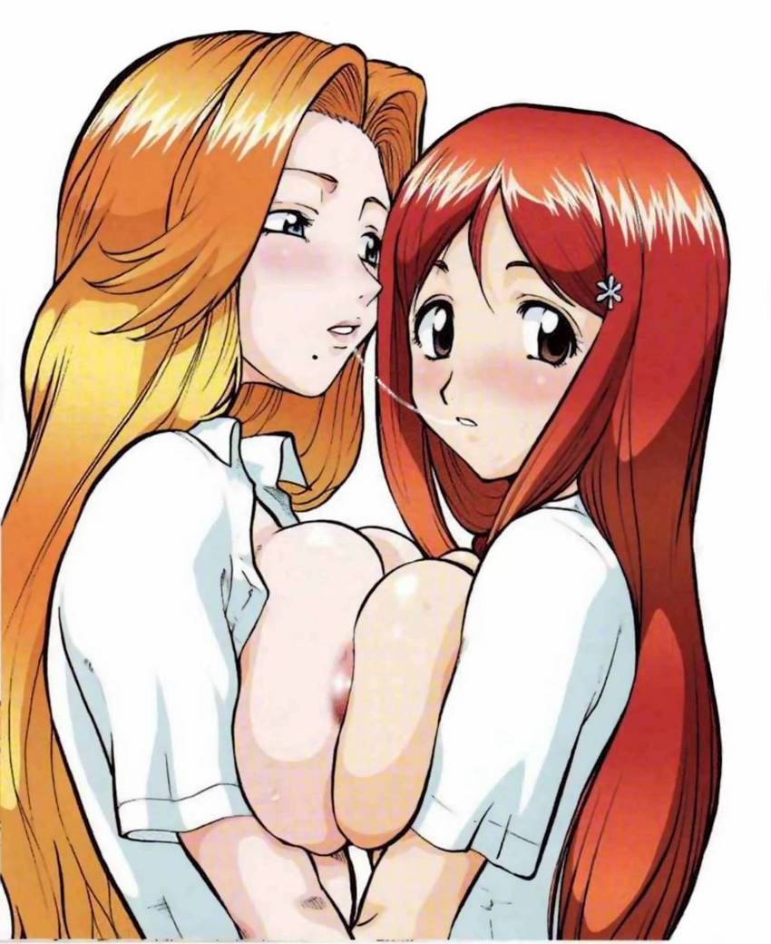 2girls areolae bleach blush breast_press breasts female huge_breasts inoue_orihime long_hair matsumoto_rangiku multiple_girls no_bra open_clothes open_shirt orange_hair saliva saliva_trail shirt symmetrical_docking tsurikichi_doumei umedama_nabu yuri