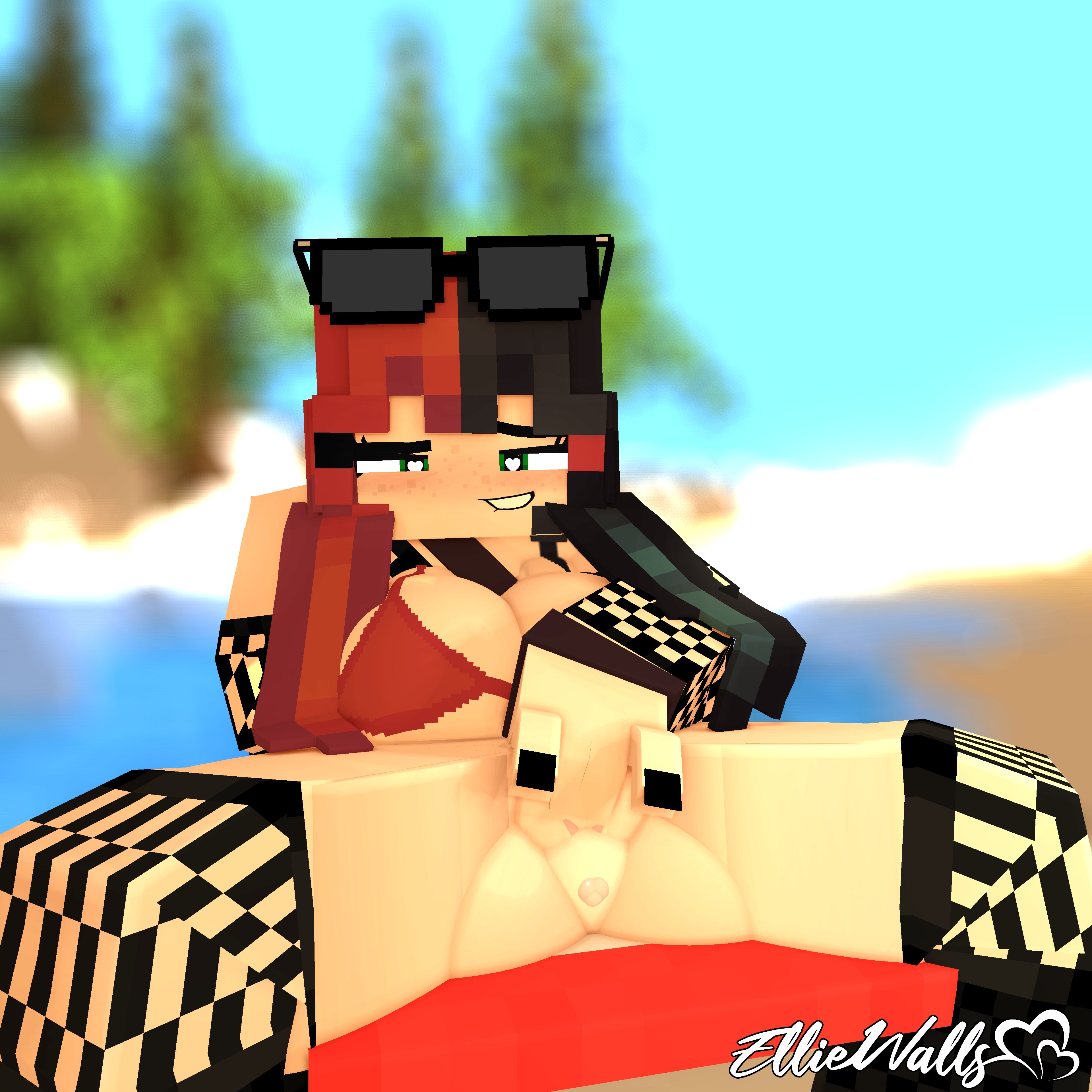 1girls, 3d, anus, beach, big breasts, bikini, biting lip, breasts, cleavage, ellie walls (odysseyellie), female, female masturbation, female only, fingering, fishnet armwear, fishnet legwear, fishnets, freckles, goth, goth girl, green eyes, heart-shaped pupils, horny female, long hair, looking at viewer, masturbation, mine-imator, minecraft, odysseyellie, pussy, sitting, solo, spiked hairband, spread legs, spreading, sunglasses, sunglasses on head, tagme, two-tone hair
