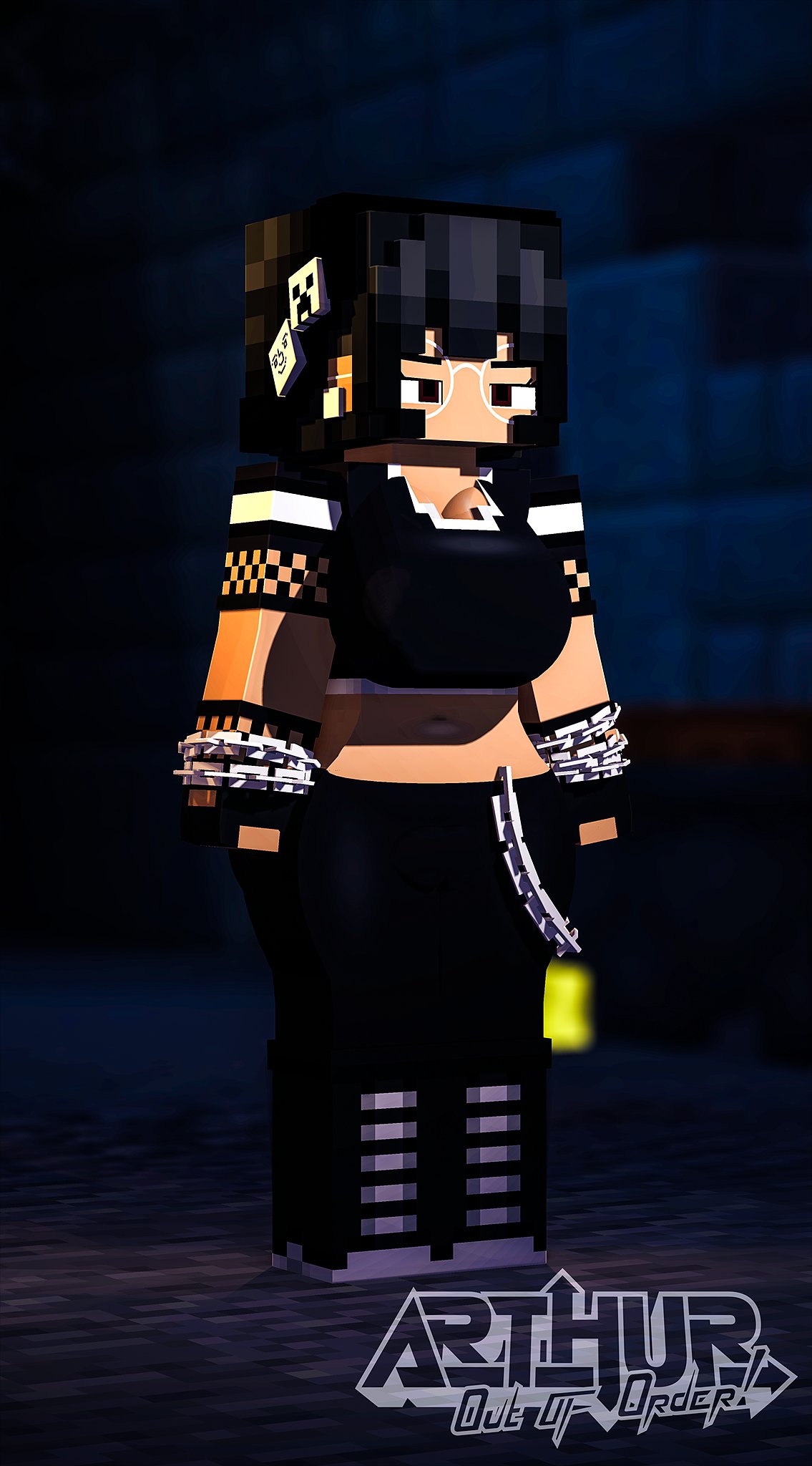 1girls 3d arthur32 big_breasts black_hair breasts chains ear_piercing fea_(arthur32) female female_only glasses gloves goth hairclip mine-imator minecraft no_mouth pants piercing shirt shoes short_hair solo standing thick_thighs wide_hips