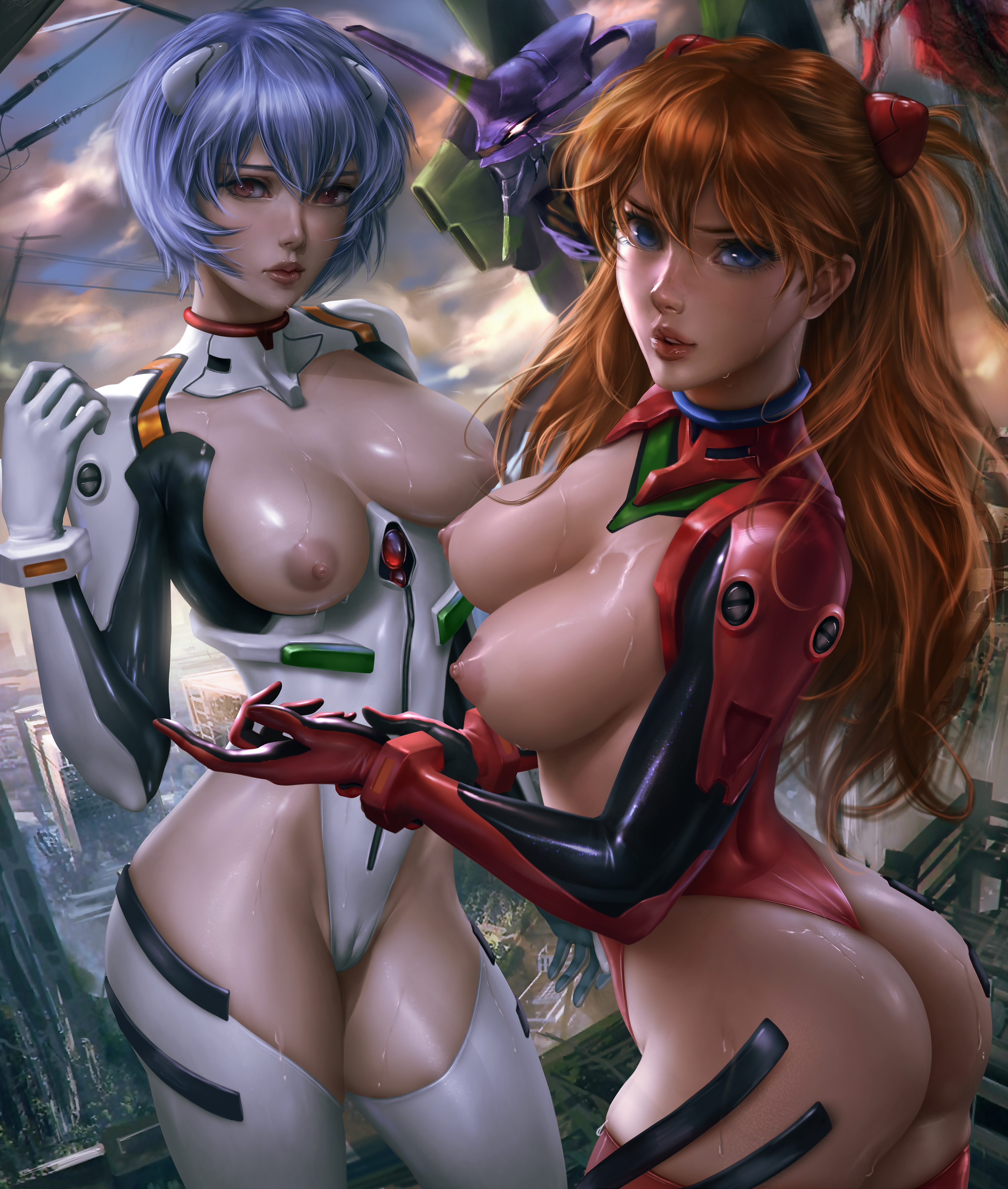 2girls, ass, asuka langley sohryu, auburn hair, blue eyes, blue hair, bodysuit, breasts, breasts out, brown hair, casual, clothed, clothing, detailed background, female, female only, hair ornament, half-dressed, hi res, human, latex, light skin, light-skinned female, logan cure, long hair, looking at viewer, medium breasts, multiple females, multiple girls, neon genesis evangelion, nipples, orange hair, pale skin, pale-skinned female, plugsuit, realistic, red clothing, red eyes, red hair, rei ayanami, shiny skin, short hair, stockings, sweat, sweaty breasts, teenage female, teenager, tight clothing, wet, white clothing