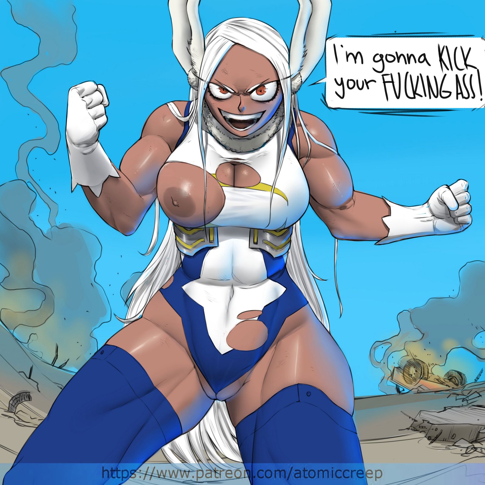 1girls, abs, animal ears, areola slip, areolae, atomiccreep, battle, big breasts, breasts, bunny ears, bunny girl, casual exposure, constricted pupils, crotch, dark skin, dark-skinned female, eyelashes, female, female only, gloves, heroine, large breasts, long hair, looking at viewer, miruko, muscles, muscular, muscular female, my hero academia, nipples, no bra, one breast out, rumi usagiyama, solo, teeth, text, thick thighs, thigh gap, thighhighs, thighs, torn clothes, torn clothing, very long hair, wardrobe malfunction, watermark, white hair, wide hips