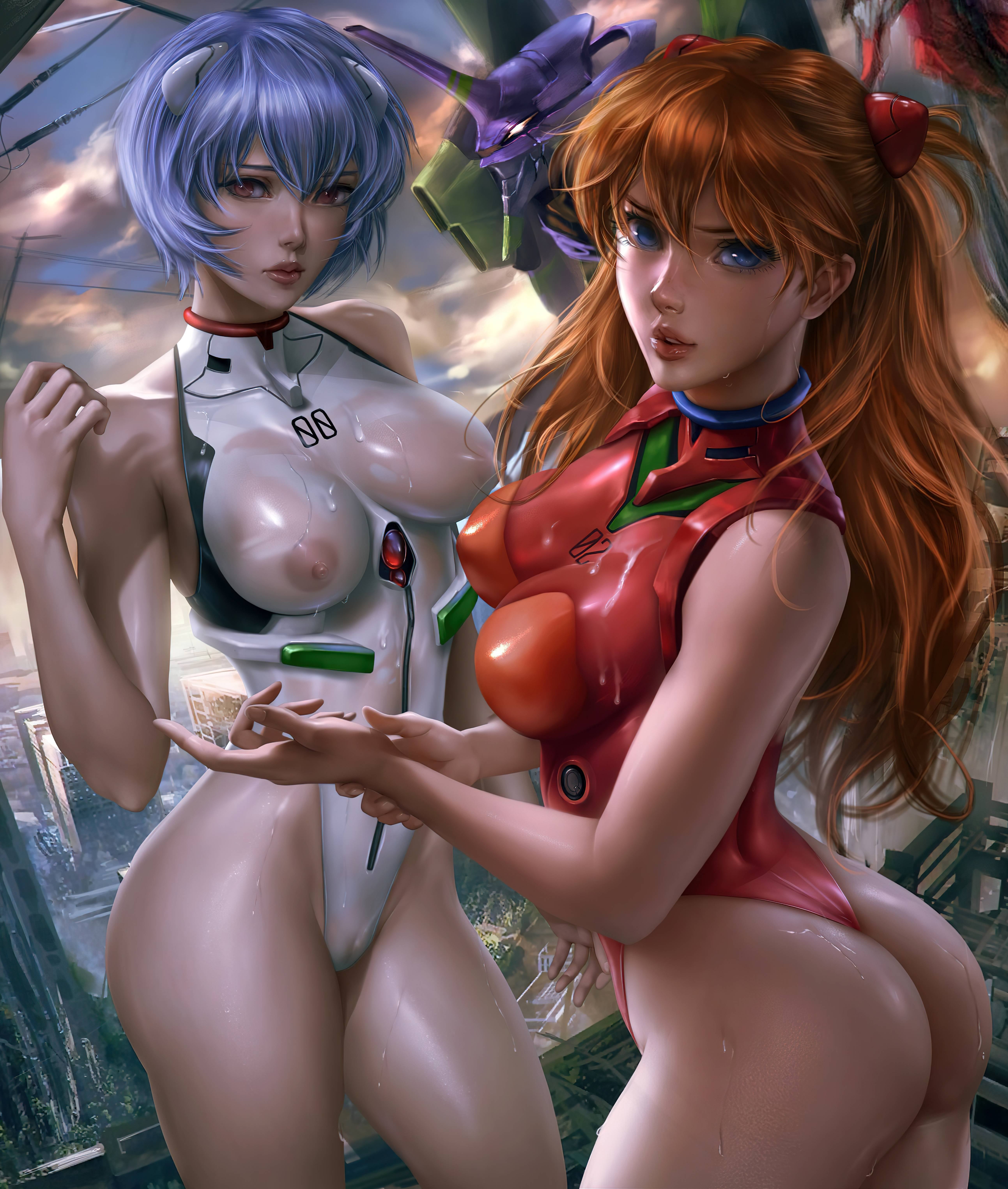 2girls, areolae, ass, asuka langley sohryu, auburn hair, blue eyes, blue hair, bodysuit, breasts, brown hair, clothed, clothing, detailed background, erect nipples, erect nipples under clothes, female, female only, hair ornament, hi res, logan cure, long hair, looking at viewer, medium breasts, multiple females, multiple girls, neon genesis evangelion, nipples, nipples visible through clothing, one-piece swimsuit, orange hair, plugsuit, pussy, realistic, red clothing, red eyes, red hair, rei ayanami, see-through, see-through clothing, shiny skin, short hair, sweat, sweaty breasts, swimsuit, teenage female, teenager, wet, white clothing