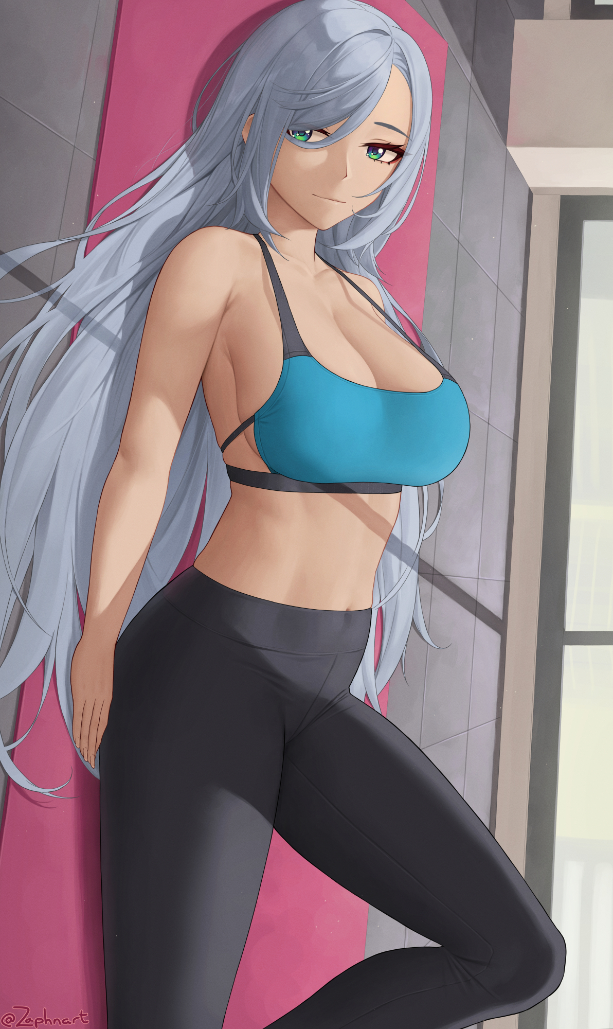 1girls, 2022, artist signature, breasts, female, female only, genshin impact, green eyes, hair down, hair over one eye, hi res, hips, huge breasts, indoors, long hair, looking at viewer, lying on back, shenhe (genshin impact), slim waist, sports bra, sportswear, thick thighs, thighs, very long hair, white hair, wide hips, yoga mat, yoga pants, zaphn