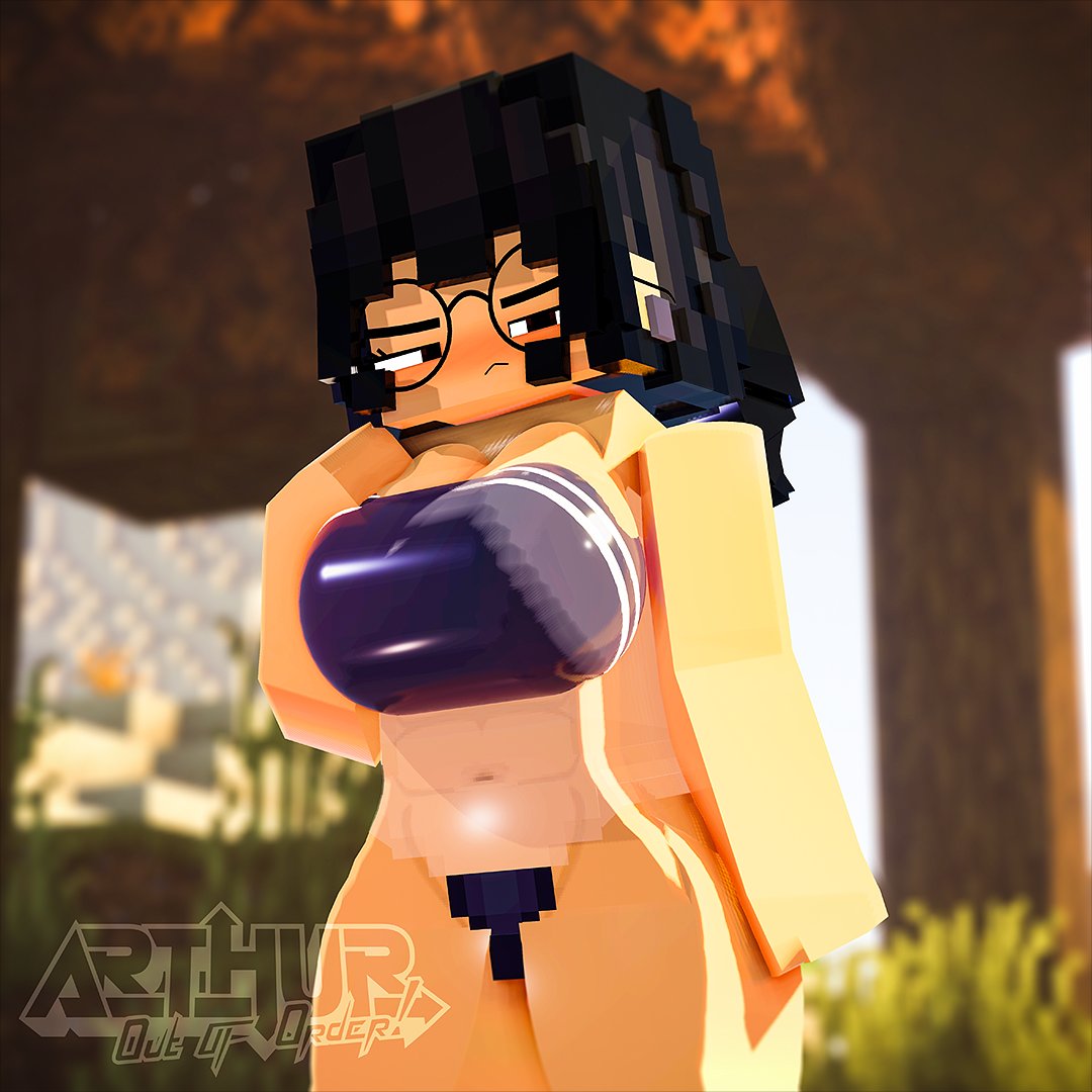 1girls 3d arthur32 big_breasts black_hair breasts ear_piercing fea_(arthur32) female female_only forest glasses gris_swimsuit hand_on_breast huge_breasts looking_at_viewer mine-imator minecraft one-piece_swimsuit outdoors piercing solo standing swimsuit thick_thighs wide_hips