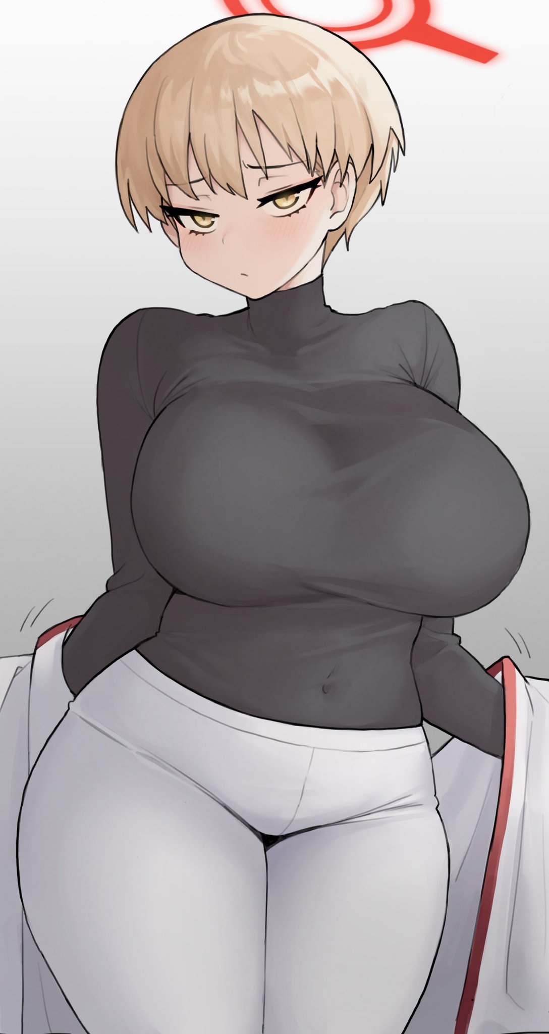 1girls, big breasts, blue archive, breasts, busty, curvaceous, curves, curvy, curvy body, curvy female, curvy figure, female, female focus, female only, huge breasts, jorin, large breasts, marina (blue archive), short hair, solo, solo female, turtleneck, very short hair, voluptuous