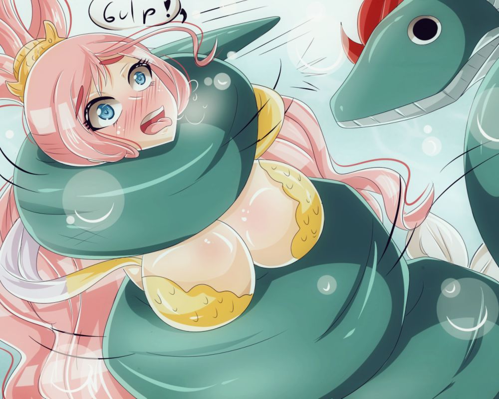 1girls 1monster animal asphyxiation blue_eyes breasts cleavage eel female female_focus large_breasts long_hair mermaid one_piece open_mouth pink_hair shirahoshi stran-things strangling tongue tongue_out