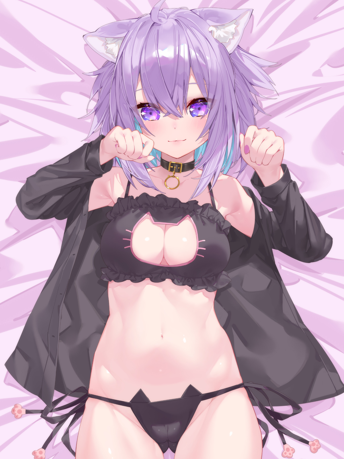 ahoge, animal ear fluff, animal ears, aqua hair, ass visible through thighs, bangs, bare shoulders, bed sheet, black bra, black panties, black ribbon, black shirt, blush, bra, breasts, cameltoe, cat cutout, cat ears, cat lingerie, cleavage, cleavage cutout, closed mouth, clothing cutout, collar, collarbone, commentary request, eyebrows behind hair, female, fingernails, frilled bra, frills, from above, highres, hololive, hololive gamers, hololive japan, large breasts, long fingernails, long sleeves, looking at viewer, looking up, lying, meme attire, multicolored hair, nail polish, navel, nekomata okayu, off shoulder, on back, on bed, open clothes, open shirt, panties, paw pose, pink nails, purple eyes, purple hair, pussy, ribbon, shirt, short hair, side-tie panties, smile, solo, stomach, two-tone hair, unbuttoned, underwear, virtual youtuber, waterring
