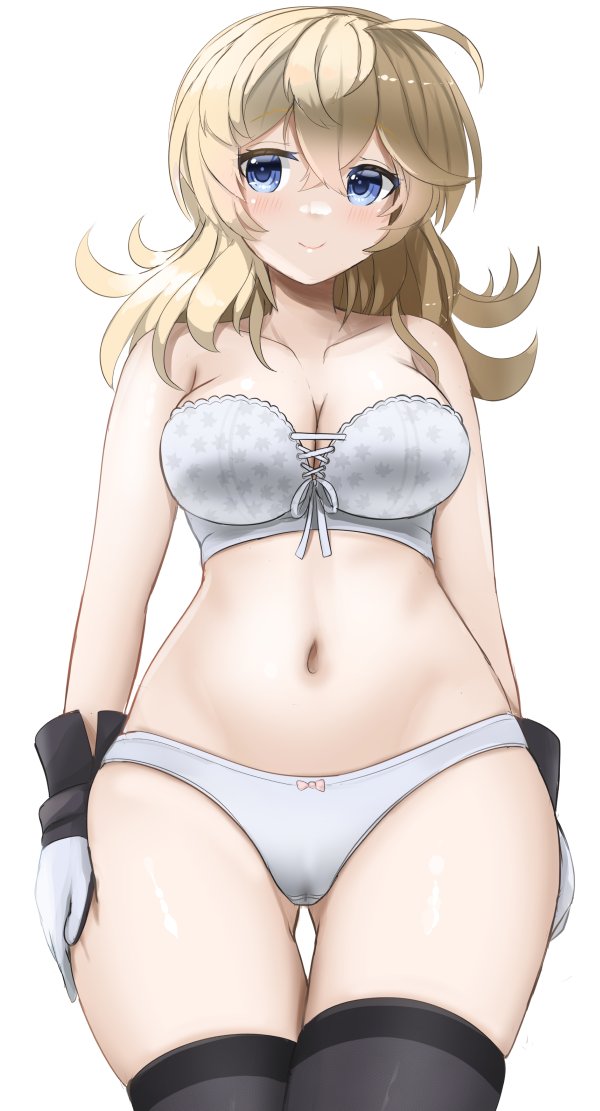 ass_visible_through_thighs black_thighhighs blonde_hair blue_eyes blush bra breasts collarbone female gloves hair_between_eyes kantai_collection large_breasts looking_at_viewer medium_hair navel panties redundant-cat simple_background smile solo strapless strapless_bra thighhighs tuscaloosa_(kantai_collection) underwear underwear_only white_background white_bra white_panties wide_hips