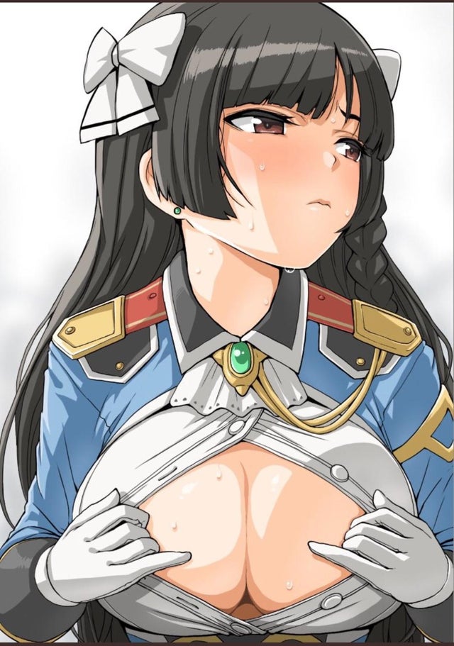 1girls, black hair, blush, breasts, brown eyes, cleavage, epic7, female, huge breasts, junkie3g (artist), karin (epic7), large breasts, long hair, nervous, open shirt, sweat, sweatdrop