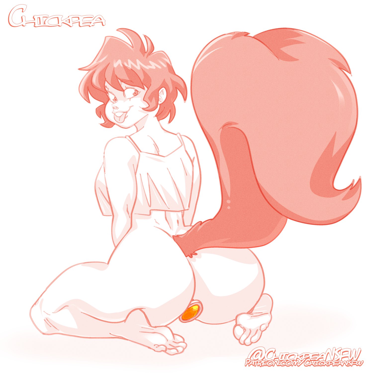 1girls, 2022, anal, anal plug, ass, buckteeth, buttplug, cartoony, chickpea, crop top, dimples of venus, feet, female, female only, fluffy tail, freckles, humanoid, jewel buttplug, marvel, marvel comics, monochrome, orange theme, short hair, solo, squirrel, squirrel girl (marvel), squirrel tail, tongue, tongue out, white background
