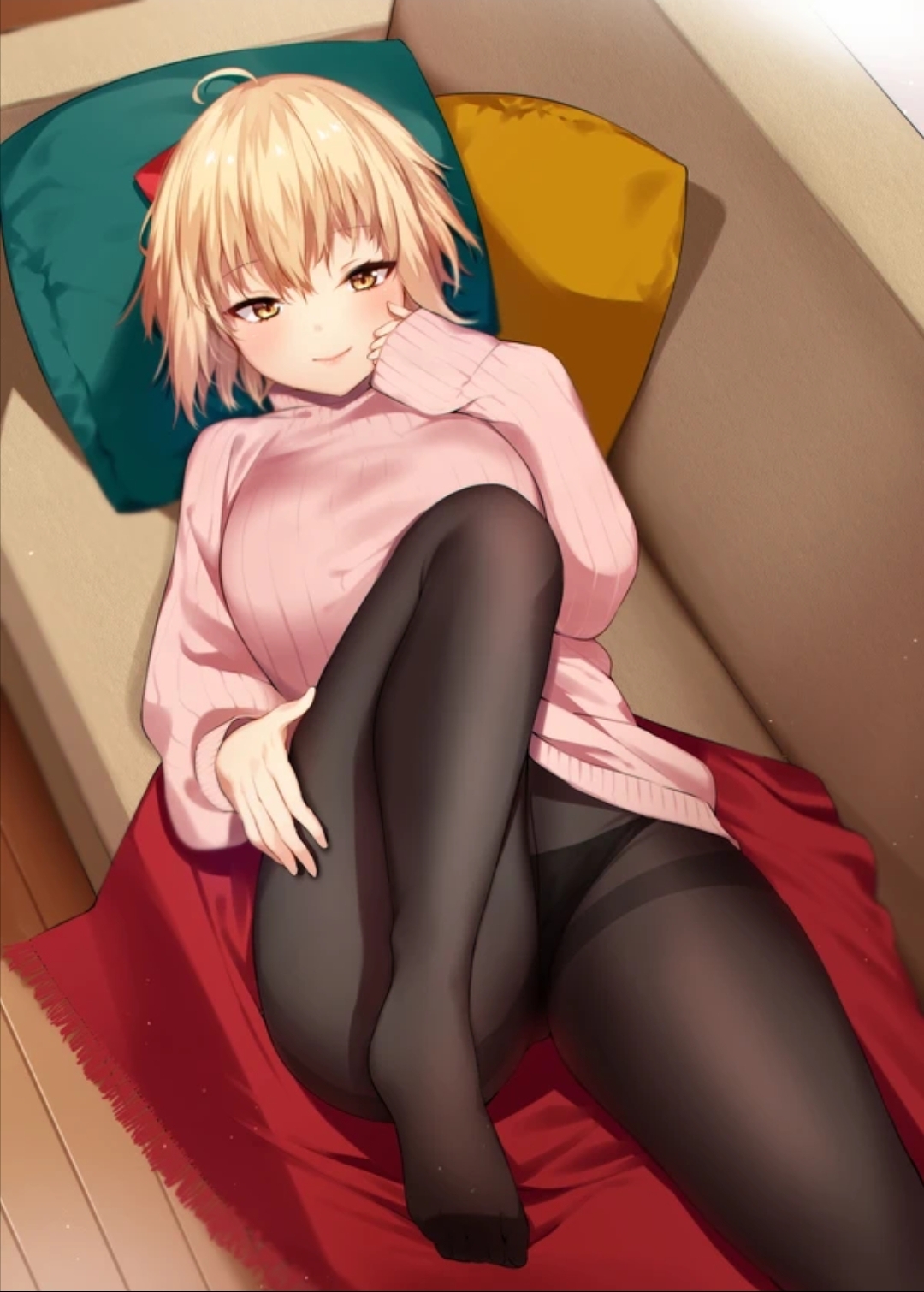 1girls, bedroom eyes, big breasts, blonde hair, breasts, danimaru, feet, female, female focus, female only, laying down, pantyhose, pillow, smile, smiling, smiling at viewer, solo, solo female, thick thighs, yellow eyes