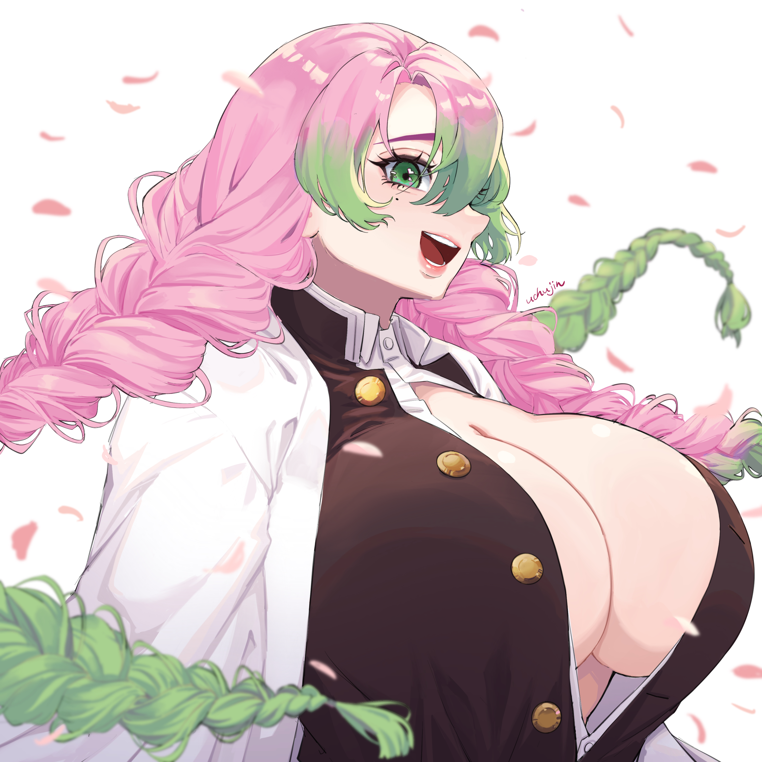 1:1, 1girls, absurd res, artist name, bangs, big breasts, braid, braided hair, breasts, cleavage, clothing, demon slayer, eyelashes, female, female focus, female only, flower petals, green eyes, green hair, hair between eyes, haori, heart, heart in eye, huge breasts, human, kanroji mitsuri, kimetsu no yaiba, large breasts, lips, long hair, looking at viewer, mole, mole under eye, multicolored hair, no bra, open clothes, open mouth, pink hair, pink-haired female, revealing clothes, shiny skin, shirt, simple background, skimpy, smile, solo, solo female, teeth, tongue, two-tone hair, uchujin desuuu, unbuttoned, uniform, voluptuous, white background