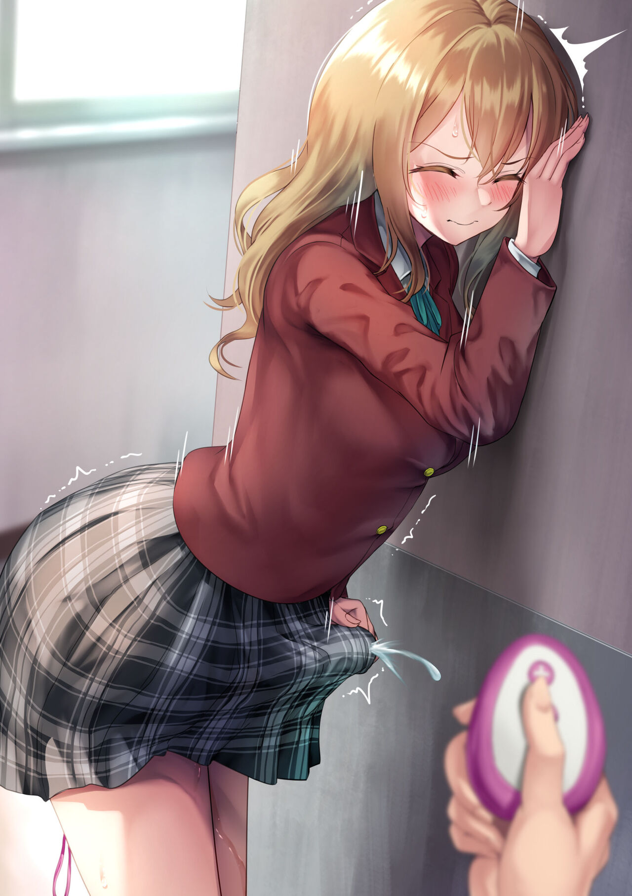 1futa, against wall, ayanakitori, blonde hair, blush, breasts, closed eyes, clothed, clothing, cum, cum through clothes, cumdrip, cumshot, domination, ejaculation, erection, erection under clothes, erection under skirt, female, fully clothed, futa focus, futa sans balls, futanari, hands-free, handsfree ejaculation, human, intersex, light skin, light-skinned futa, long hair, looking at viewer, orgasm, penis, penis under clothes, plaid skirt, pov, remote control, remote control vibrator, school uniform, schoolgirl, sex toy, skirt, solo focus, standing, sweat, sweating, vibrator