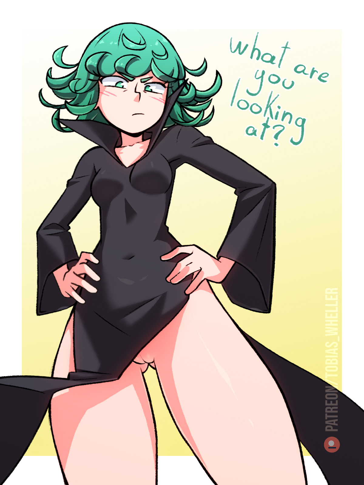 1girls, accidental exposure, bare legs, blush, dress, english text, female, flustered, green eyes, green hair, hand on hip, hands on hips, innie pussy, looking at viewer, no panties, one-punch man, pussy, solo, tatsumaki, tobias wheller