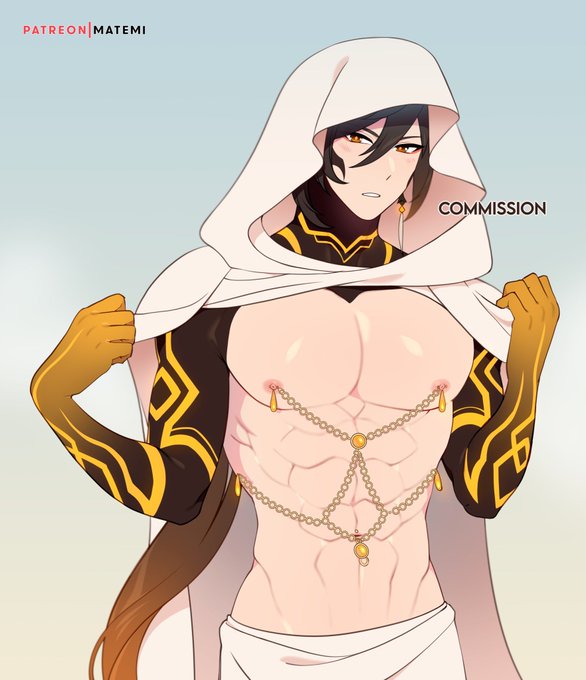 buff, cape, genshin impact, male, male only, matemi, nipple chain, pecs, towel, v-line, zhongli (genshin impact)