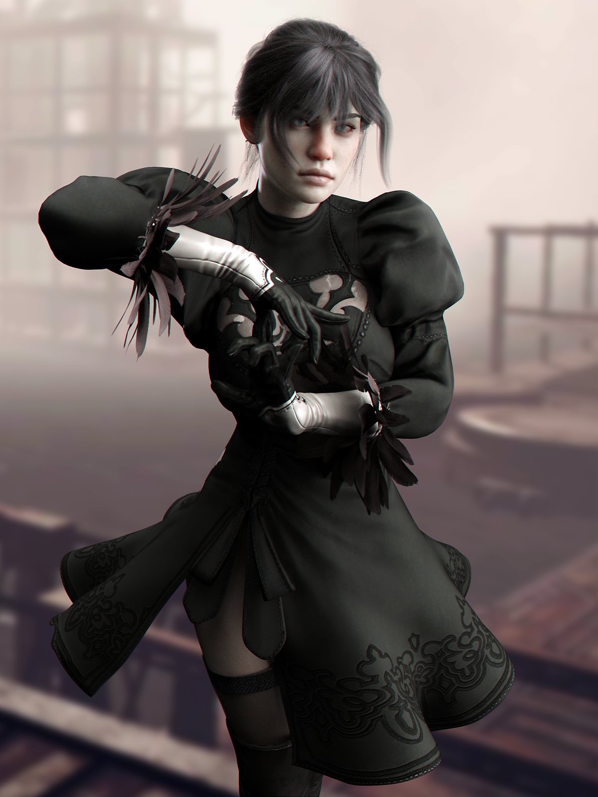 1girls, 3d, 3d (artwork), apex legends, black hair, crossover, female, female only, hand gesture, juliet sleeves, light skin, light-skinned female, nier: automata, outdoors, pale skin, puffy sleeves, render, side slit, skirt, solo, solo female, thighhighs, word2, wraith (apex legends), yorha 2b (cosplay)