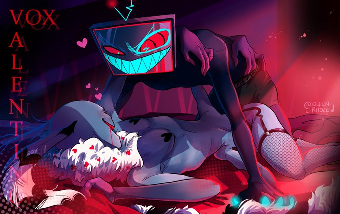 bed, hazbin hotel, imminent sex, male, shirtless, straight hair, suggestive, valentino (hazbin hotel), vox (hazbin hotel), yaoi