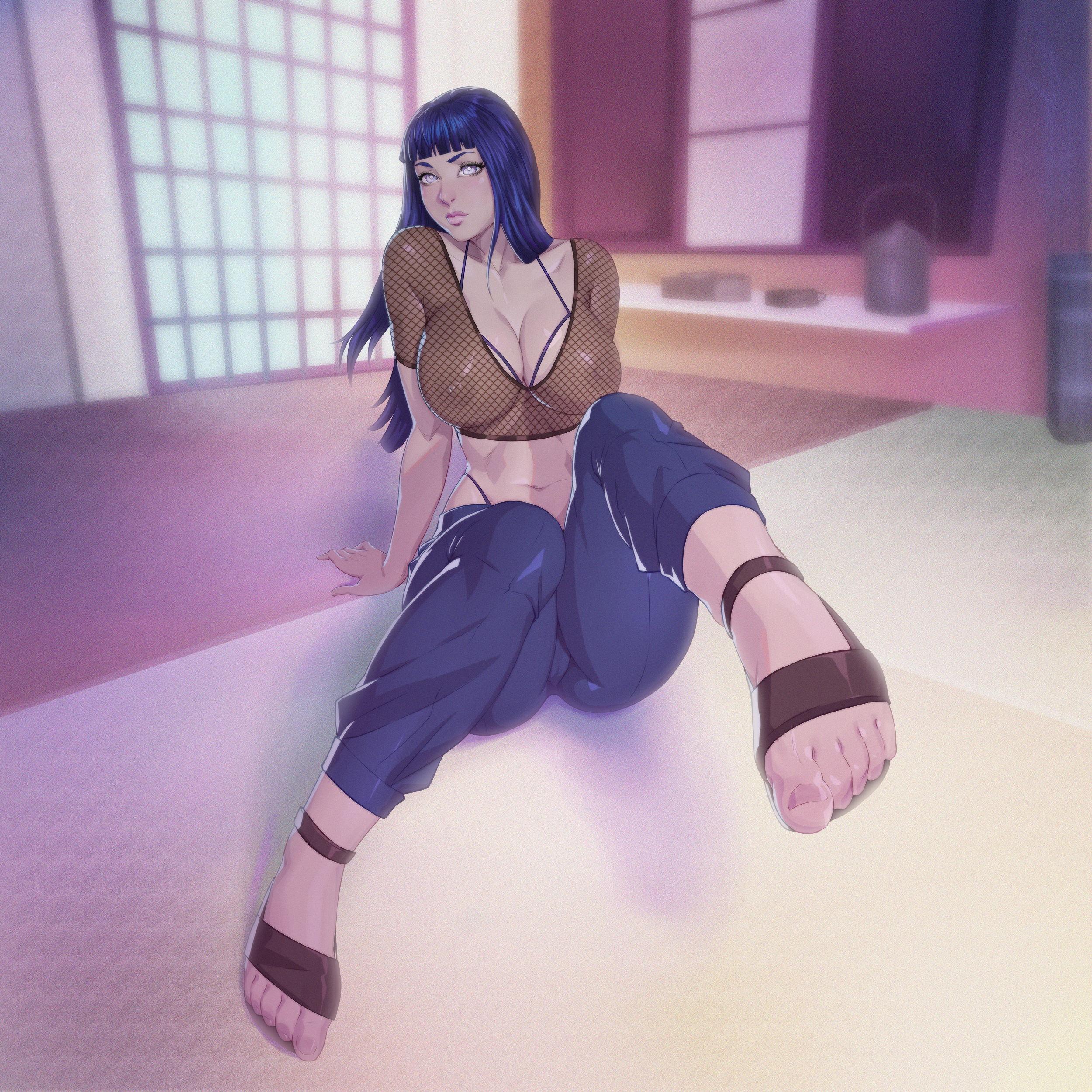 arttoru, bedroom, big breasts, bikini, breasts, cameltoe, cleavage, feet, female, foot fetish, foot focus, hyuuga hinata, milf, naruto, naruto (series), naruto shippuden, pussy, sandals, see-through, shounen jump, toes, violet eyes