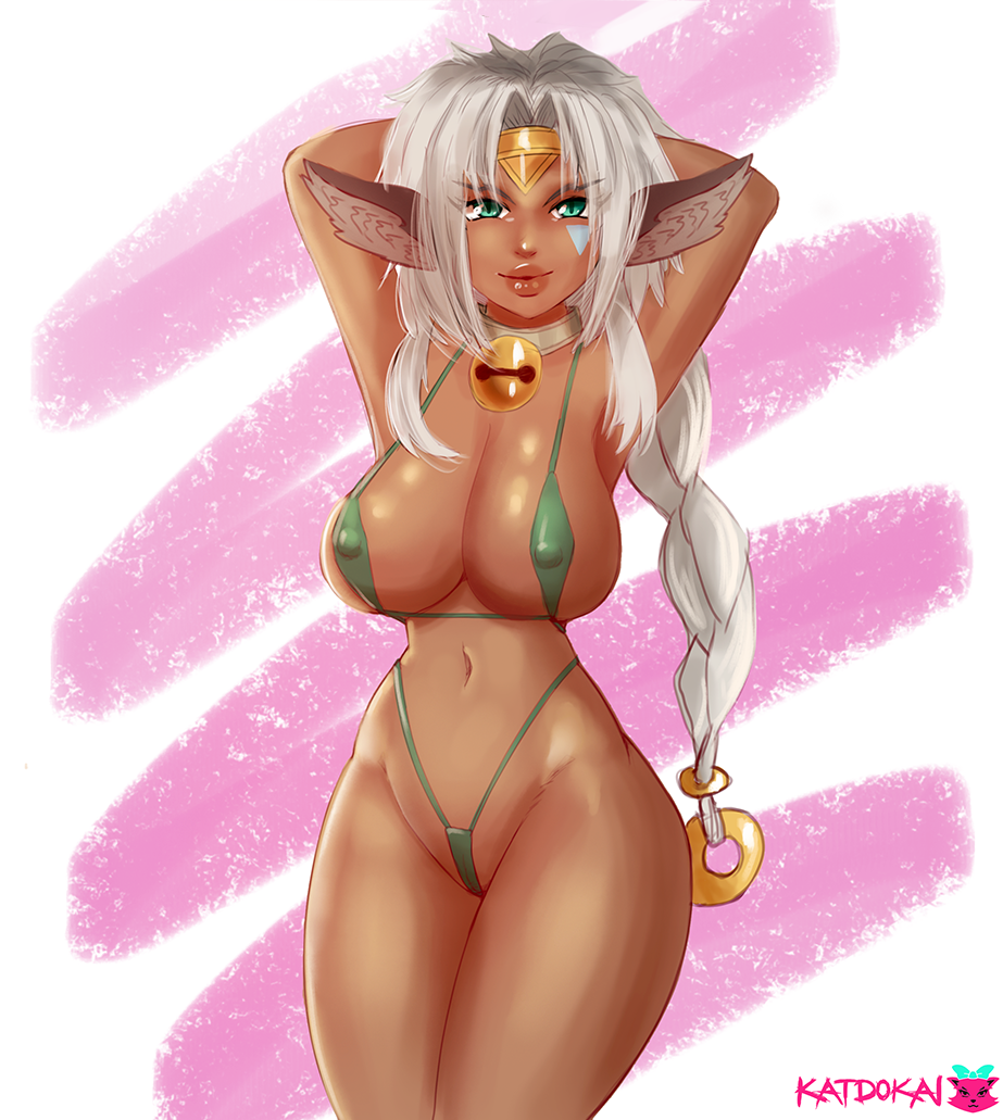 1girls aisha_clanclan animal_ears big_breasts bikini breasts circlet curvy dark-skinned_female dark_skin female humanoid katdokai large_breasts long_hair outlaw_star sling_bikini solo thick_thighs white_hair wide_hips