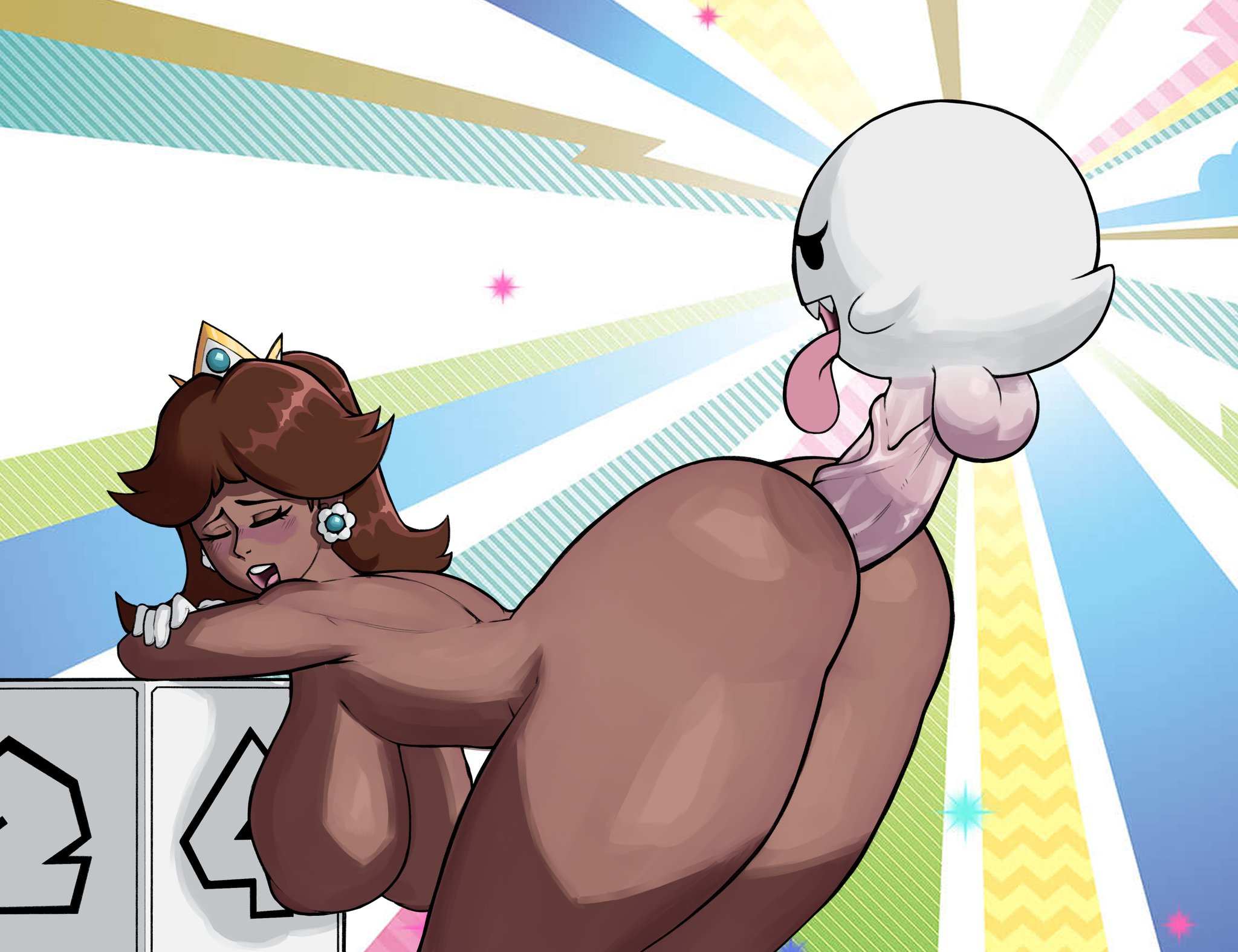 1boy, 1girls, anal, anal sex, aroused, ass, backsack, balls, ballsack, big ass, big breasts, big butt, big penis, big thighs, blush, boo (mario), breasts, brown hair, closed eyes, crown, dark skin, dark-skinned female, dice, earrings, excited, female, flower earrings, ghost, ghost penis, gloves, horny, horny female, human, male, mario (series), mario party, moaning, monster, naked, nintendo, nipples, nude, open mouth, penis, pokko (artist), princess daisy, sexual excitement, shoulder length hair, super mario party, tanned, tanned female, tanned skin, thick, thick ass, thick hips, thick thighs, tongue, tongue out