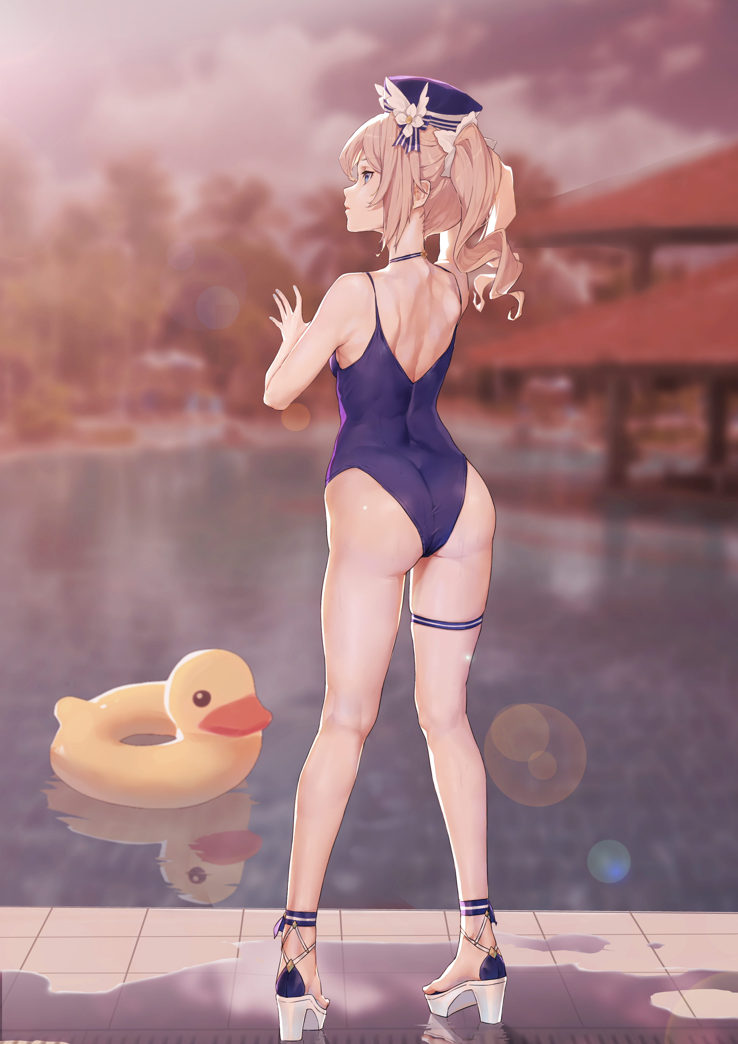 1girls, ass, back view, barbara (genshin impact), barbara (summertime sparkle) (genshin impact), blonde hair, blue eyes, bubble ass, bubble butt, choker, duck, feet, female, female only, from behind, genshin impact, hat, hi res, high heel sandals, high heels, legs, nun, one-piece swimsuit, pool, rubber duck, sandals, standing, swimming pool, swimsuit, thigh strap, thighs, twintails