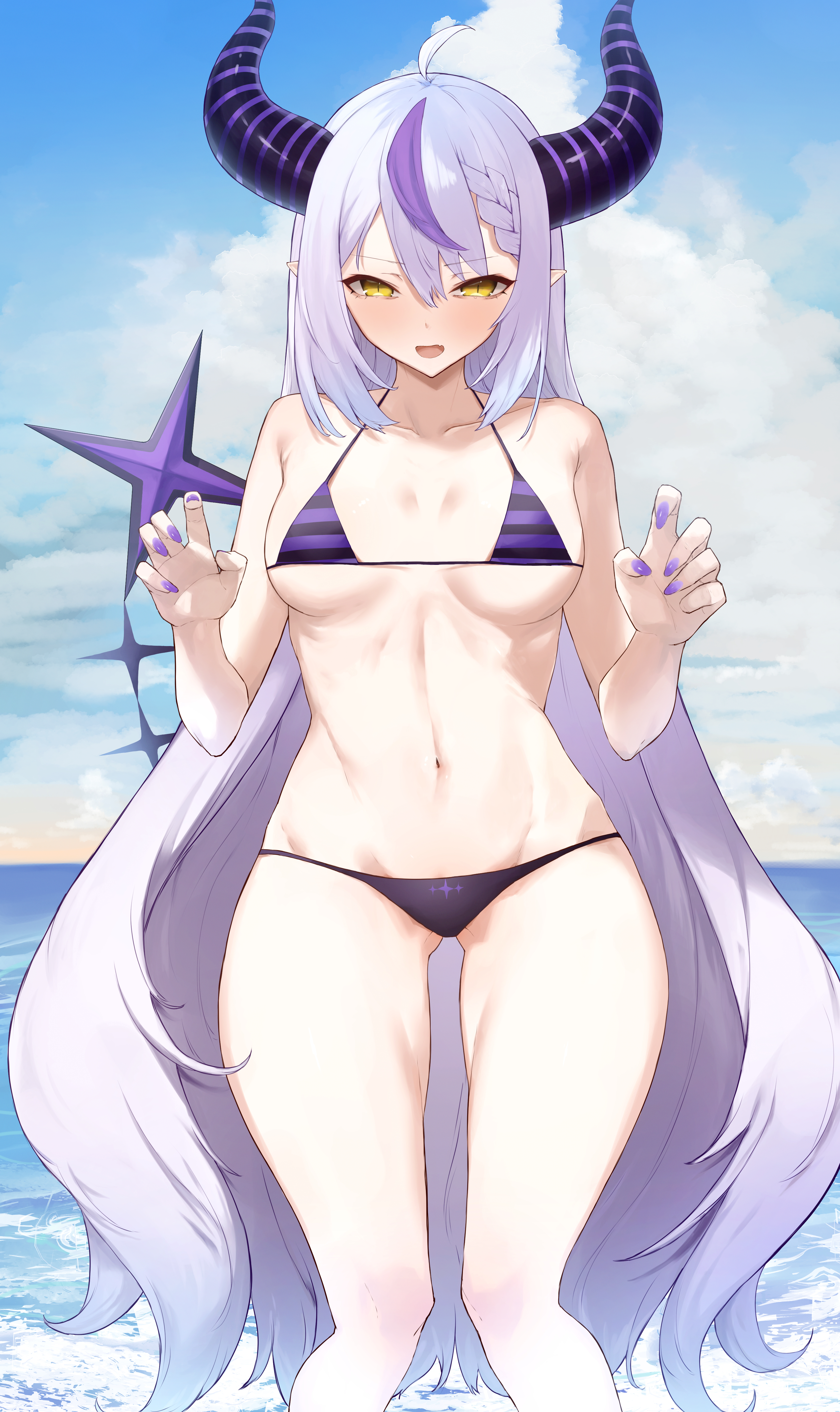 1girls, 2022, absurd res, ahoge, beach, blush, breasts, female, female only, gold eyes, hololive, hololive japan, holox, horns, kataku musou, la+ darknesss, light skin, light-skinned female, long hair, looking at viewer, outdoors, pale skin, pale-skinned female, petite, purple bikini, slim waist, small breasts, striped bikini, virtual youtuber, white hair