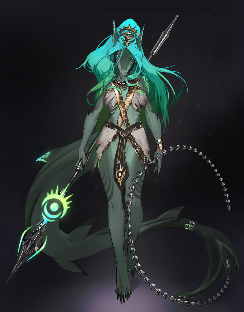 anthro aurora_(kamikazekit) blade blue_hair blue_markings breasts clothing crown ear_piercing female fin fin_piercing fish furgonomics furry-specific_piercing genitals green_body green_hair green_markings green_skin hair hi_res holding_object holding_spear holding_weapon looking_at_viewer marine markings melee_weapon multicolored_hair multicolored_markings nipple_slip non-mammal_breasts piercing polearm pussy ring robe royalty scar shark shermugi simple_background solo spear tail_blade torn_clothing walking weapon weapon_tail