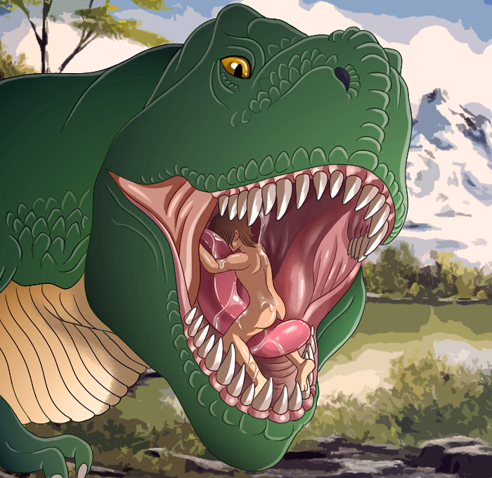 dinosaur duo feral gaping human human_prey male male/male mammal open_mouth oral_vore reptile scalie tan_(artist) tongue vore willing_prey