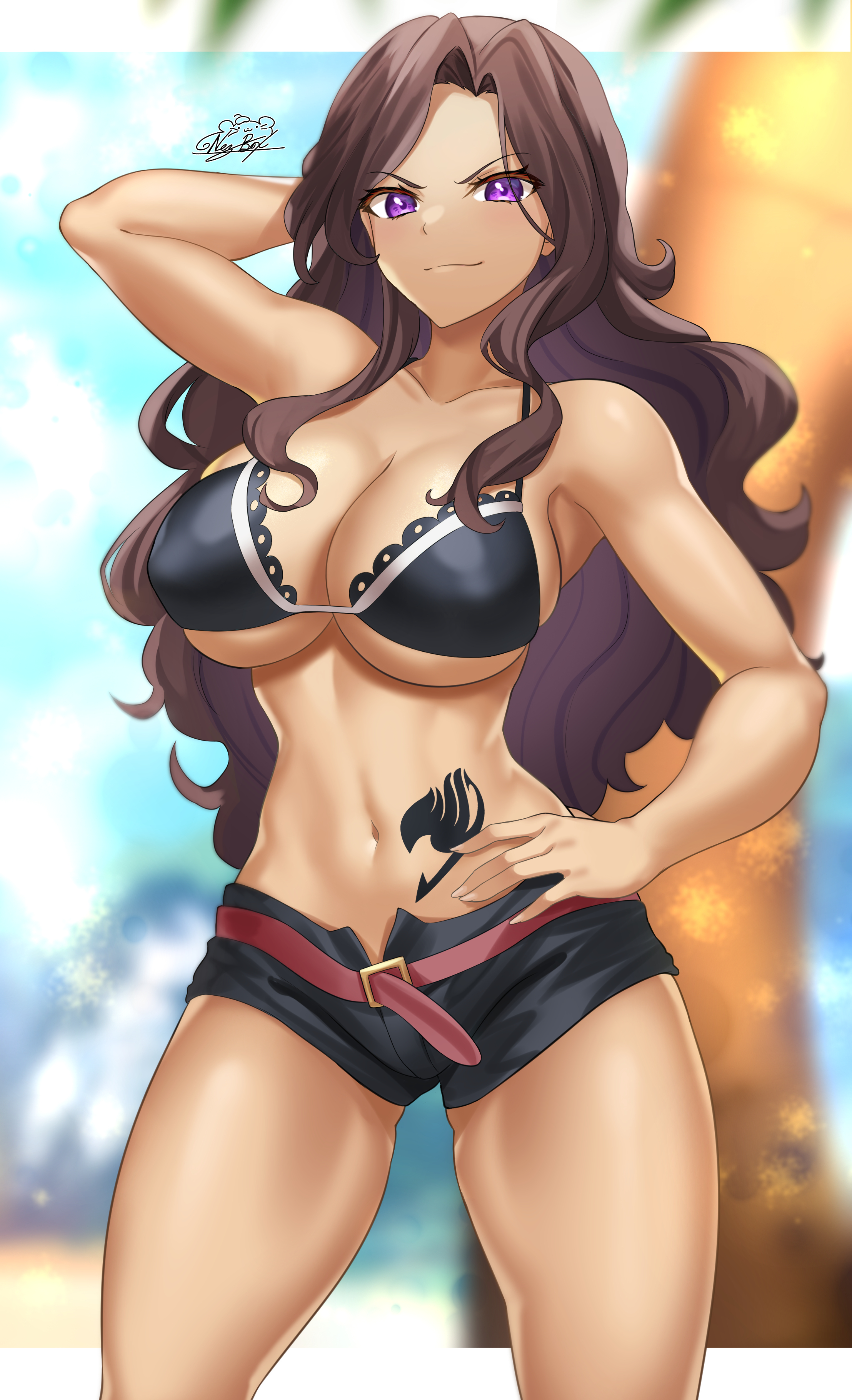 1girls, belly tattoo, belt, bikini top, black tattoo, breasts, brown hair, brown-haired female, cana alberona, cleavage, fairy tail, fairy tail mark, female, female only, huge breasts, long hair, nez-box, posing, purple eyes, short shorts, solo, tattoo, tattoo on belly, tattooed belly, thick thighs, voluptuous