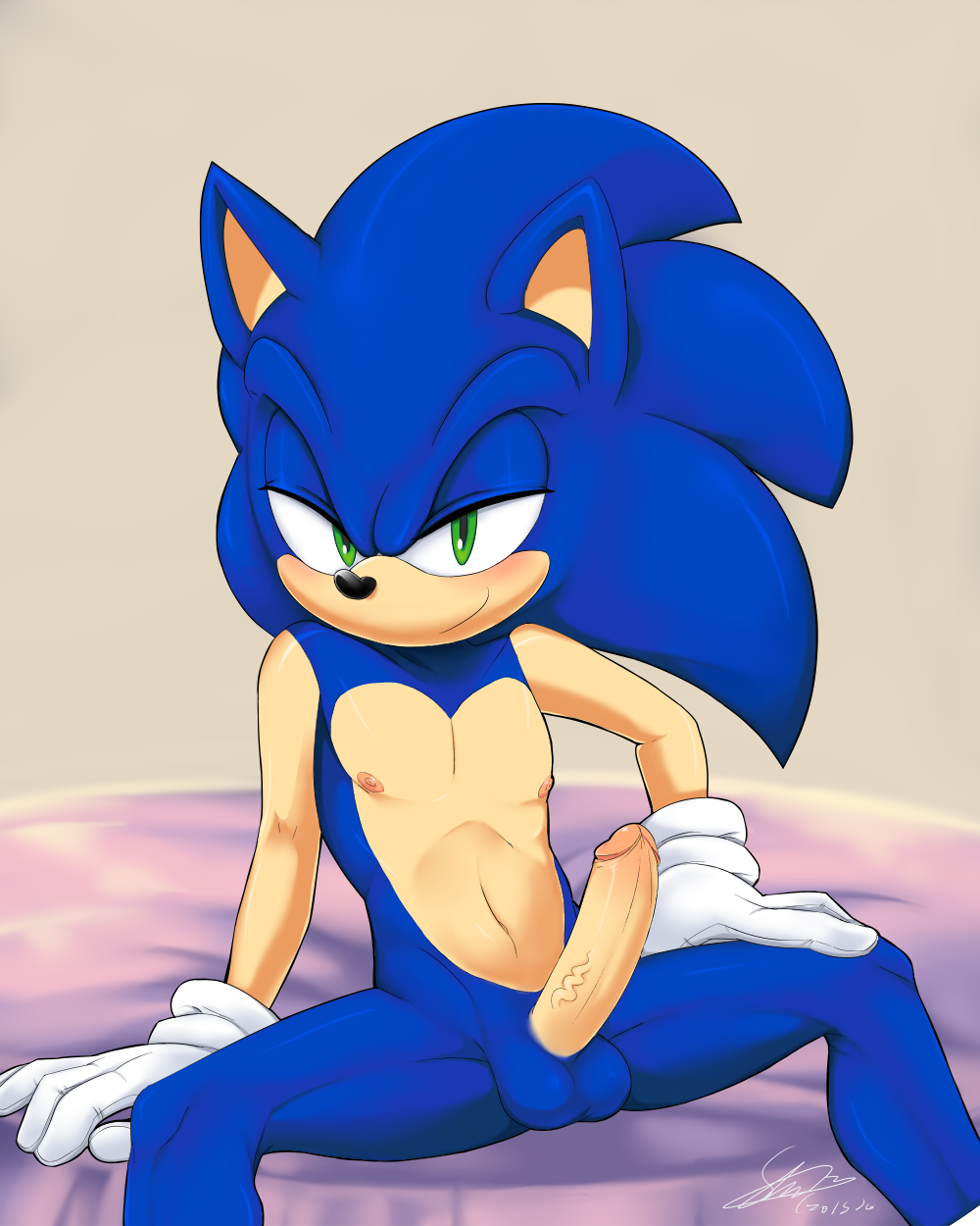 1boy anthro balls blue_body blue_fur blush chest erection gloves green_eyes handwear hedgehog male male_only nipples penis socks soina solo solo_looking_at_viewer sonic_(series) sonic_the_hedgehog sonic_the_hedgehog_(series) testicles vein white_gloves white_handwear