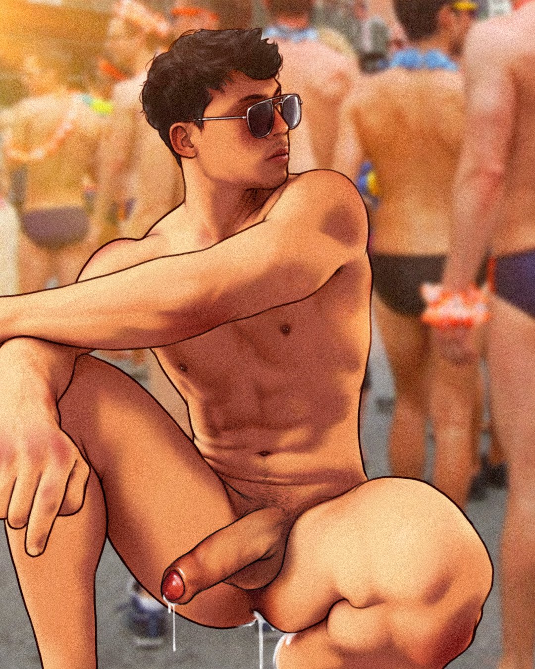 1boy crouching cum_leaking damnarts erect_penis erection hard_on latino leaking_cum male male_focus male_only muscles muscular muscular_male onlyfans_model outdoors outside precum precum_drip public real_person rene_gonzalez sunglasses uncut