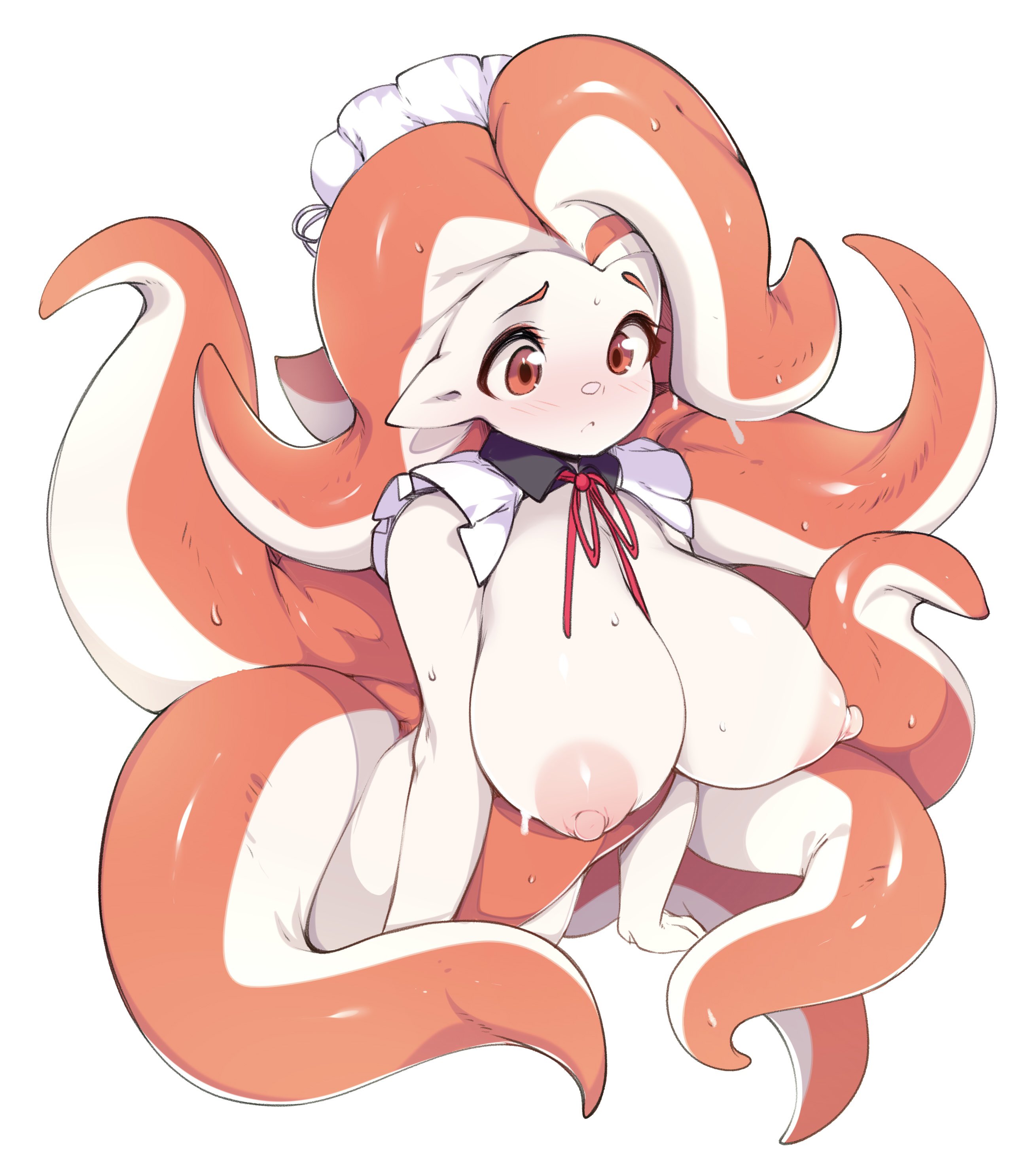 1girls, absurdres, adorable, blush, bottomless, breasts, breasts bigger than head, cute, female, female only, highres, huge breasts, kawaii, maid headdress, monster girl, nipples, octopus girl, orange eyes, original, pointy ears, red ribbon, ribbon, scylla, simple background, slugbox, solo, sweat, tentacle, tentacle hair, upper body, white background, young, young monster